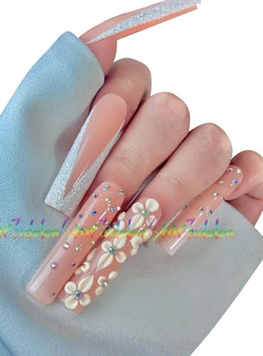 Hand-Painted White Square Press on Nails - Short French Tips & Coffin Fake Nails Kit with Glue | Medium Length Artificial Nails for Women | Custom Long Coffin Stiletto Options (Large, Style 12) | Perfect for Parties, Weddings & Everyday Wear