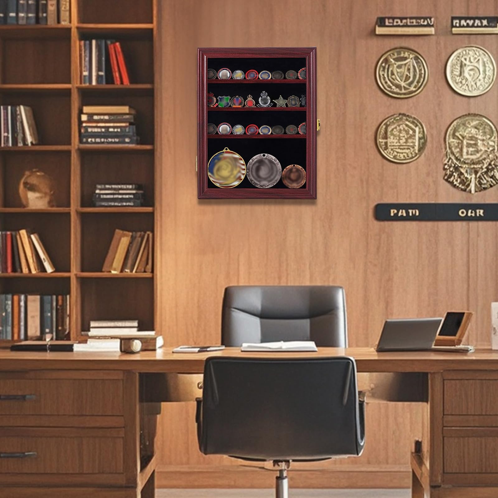 Jinchuan Lockable Military Challenge Coin Display Case - Mahogany Shadow Box with Removable 2-Shelf Design & Anti-Fade Acrylic Glass Door - Perfect for Casino Poker Chips, Collectibles, and Military Memorabilia Display at Home or Office