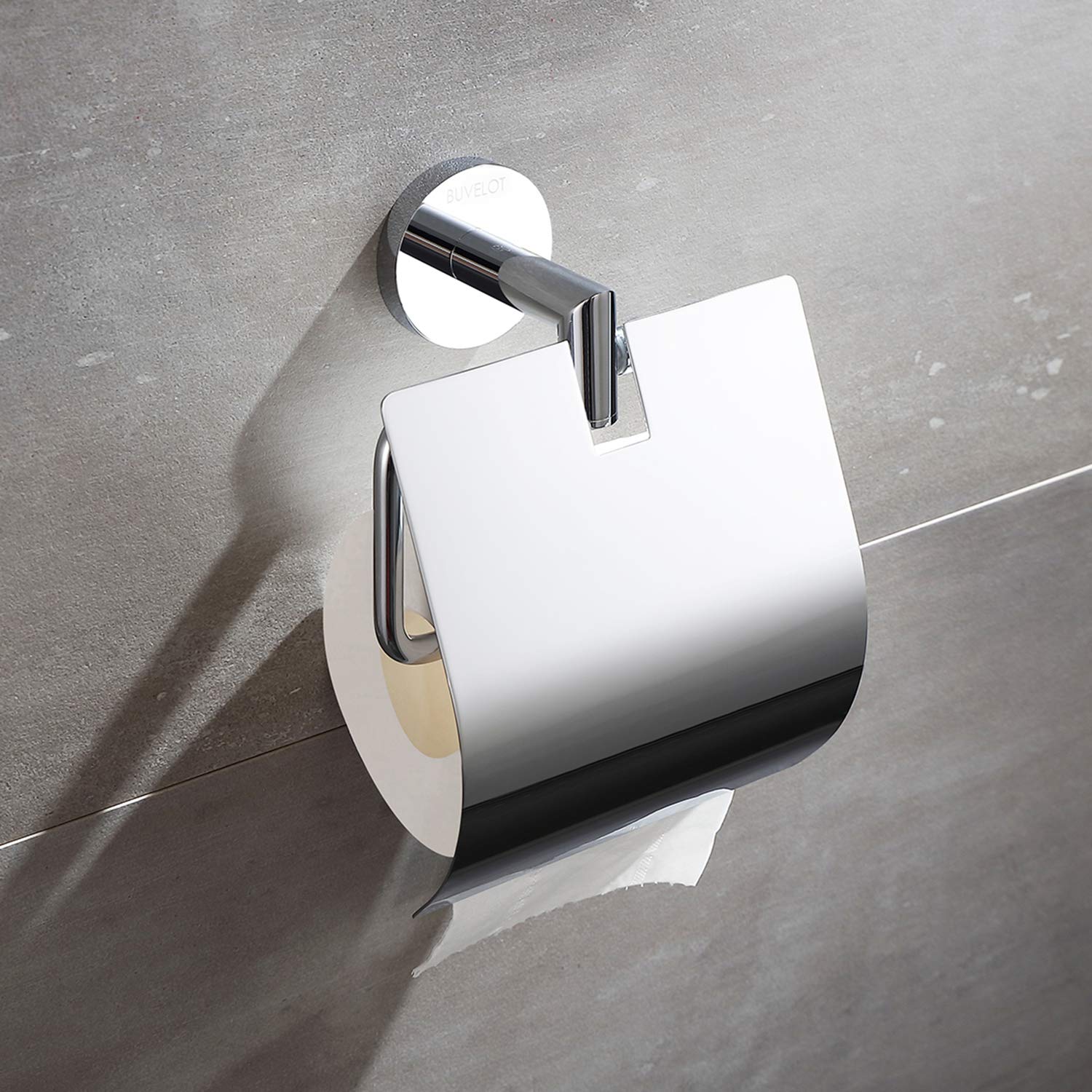 Modern Toilet Paper Holder with Cover - Wall Mounted Bathroom Tissue Roll Holder in Chrome & Brass Finishes (Leo Series 077040-CR) - Perfect for Contemporary Home & Luxury Hotel Bathrooms