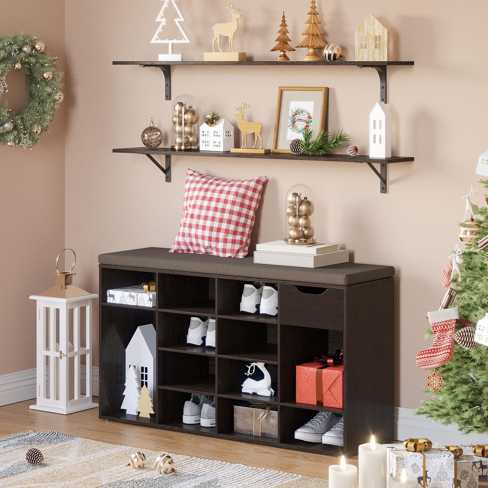 DINZI LVJ Shoe Bench with Drawer & 15 Cubbies - Adjustable Shelves Entryway Storage Bench, Shoe Organizer Cabinet for Living Room, Bedroom, Mudroom, Closet & Garage - Perfect for Small Spaces & Entryway Organization (Espresso)