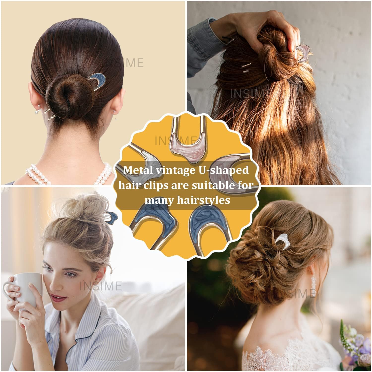 INSIME Elegant Marble Hair Stick for Women - 4 Pack Premium Metal Hair Bun Sticks with Stylish Design for Updos, Buns & Special Occasions