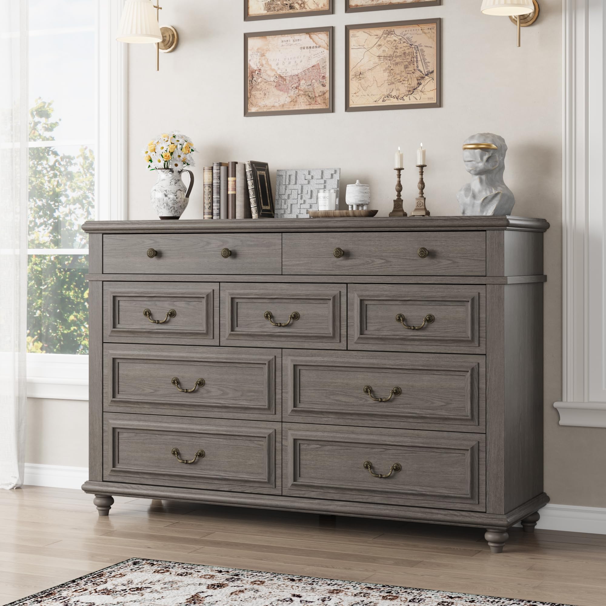 Farmhouse 9-Drawer Dresser with Deep Storage - Large Grey Wooden Chest of Drawers for Bedroom, Living Room & Hallway | Perfect for Organizing Clothes, Linens & Home Decor (Grey, 9-Drawer)