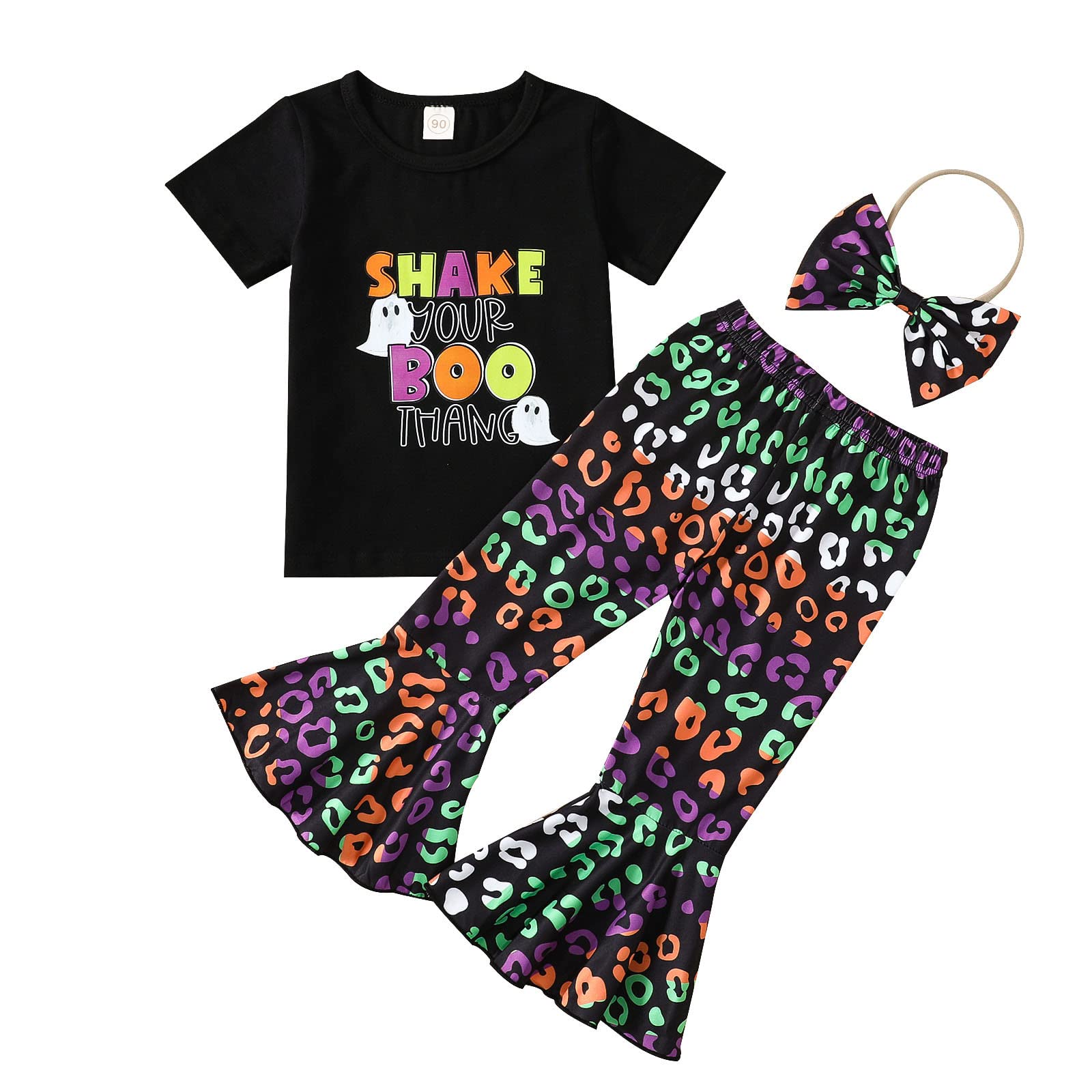 Halloween Outfits for Baby Girls - Short Sleeve Cartoon Print T-Shirt & Bell Bottom Pants Set | Pumpkin-Themed Newborn Onesies & Toddler Clothes in Black | Perfect for Trick-or-Treating, Costume Parties & Photo Shoots