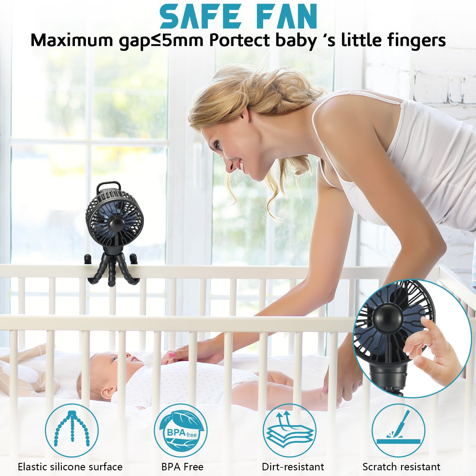 Snawowo Mini Portable Stroller Fan - 3 Speed Rechargeable Battery Operated Handheld Fan with Flexible Tripod & Clip | Perfect for Baby Stroller, Car Seat, Crib, Treadmill, Travel & Camping | Black