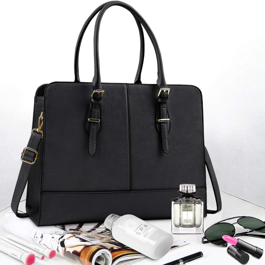 Stylish 15.6 Inch Leather Laptop Bag for Women - Professional Work Tote Handbag with Padded Compartment - Perfect for Office, Business Travel & College (Black)