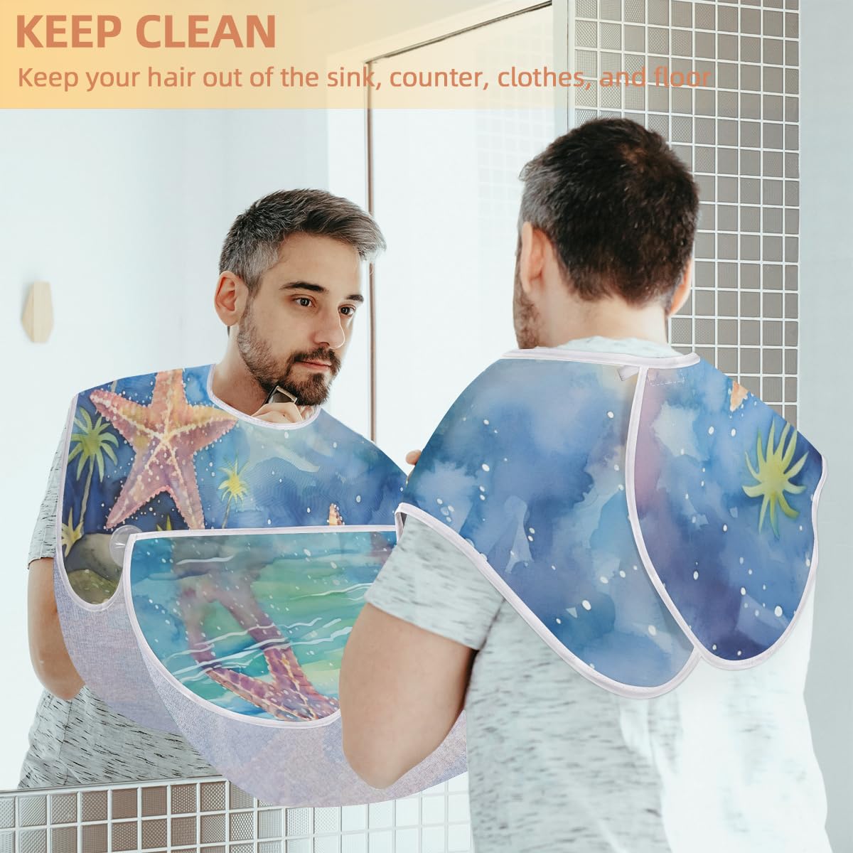 Ocean Starfish Waterproof Beard Shaving Bib for Men - Hair Dye & Makeup Apron, Barber Cape for Haircut & Beard Trimming - Sink Hair Catcher & Grooming Accessory (Perfect for Home Salon & Barber Shops)