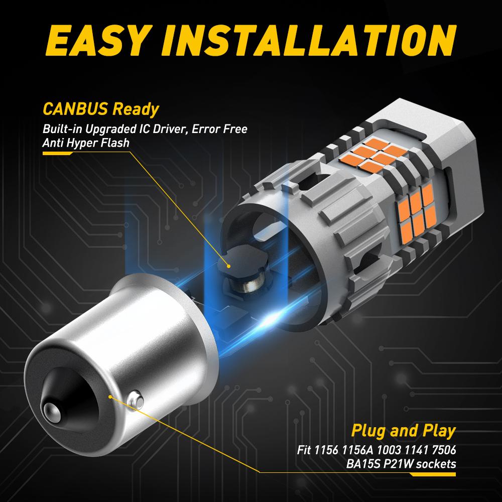 1156 BA15S LED Turn Signal Light Bulbs - Non-Polarity, Amber (25W/Bulb) - Compatible with Standard & CK Sockets - Perfect for Motorcycle, Car, Truck & RV Turn Signals