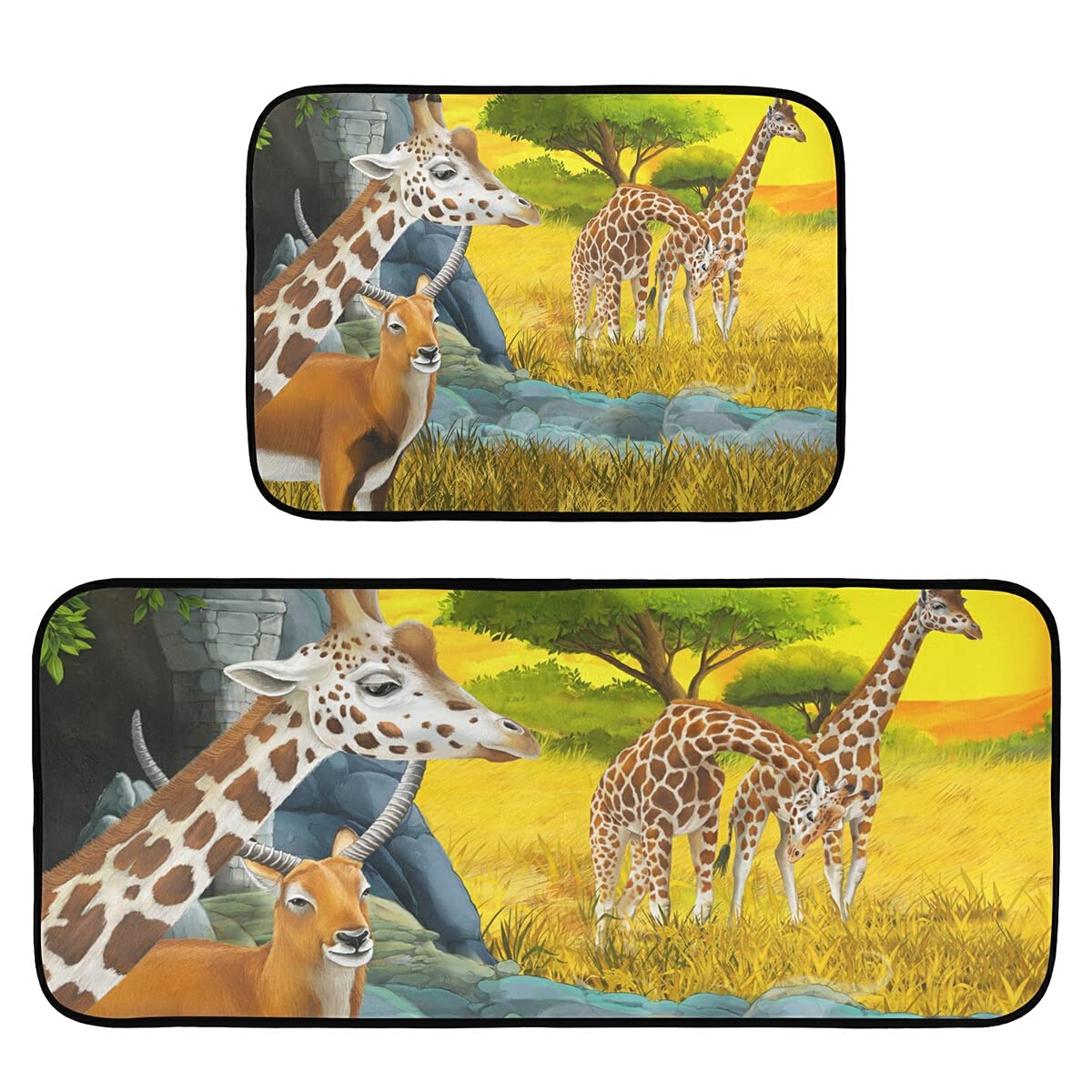 Antelope Family Giraffe Print Non-Slip Kitchen Rugs Set of 2 - Washable Runner Mats for Kitchen Floor, Home Sink, Laundry & Office - Perfect for High Traffic Areas and Pet-Friendly Homes