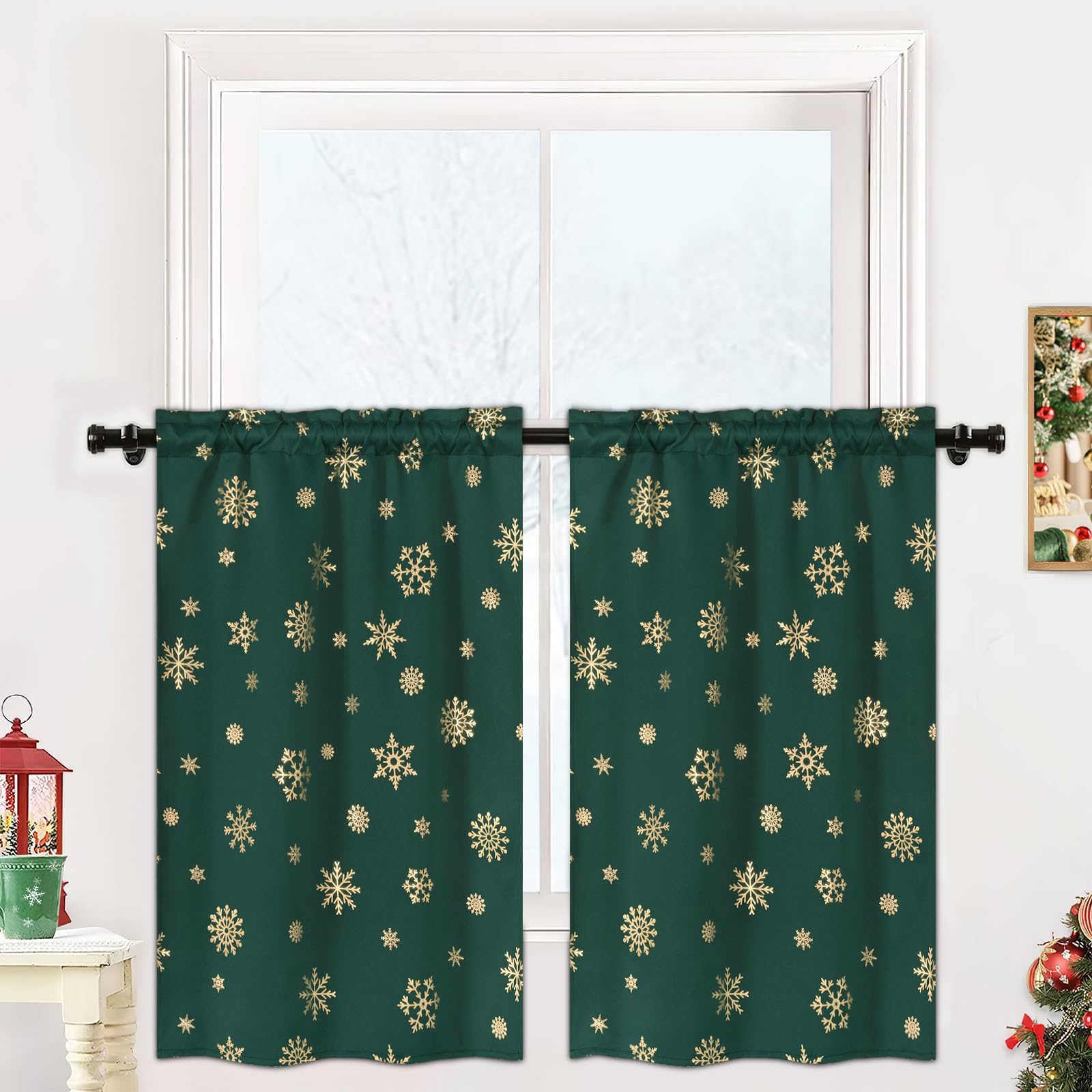 FRAMICS Gold Snowflake Foil Print Christmas Tier Curtains - 36 Inch Length Green Kitchen Curtains with Rod Pocket, 26