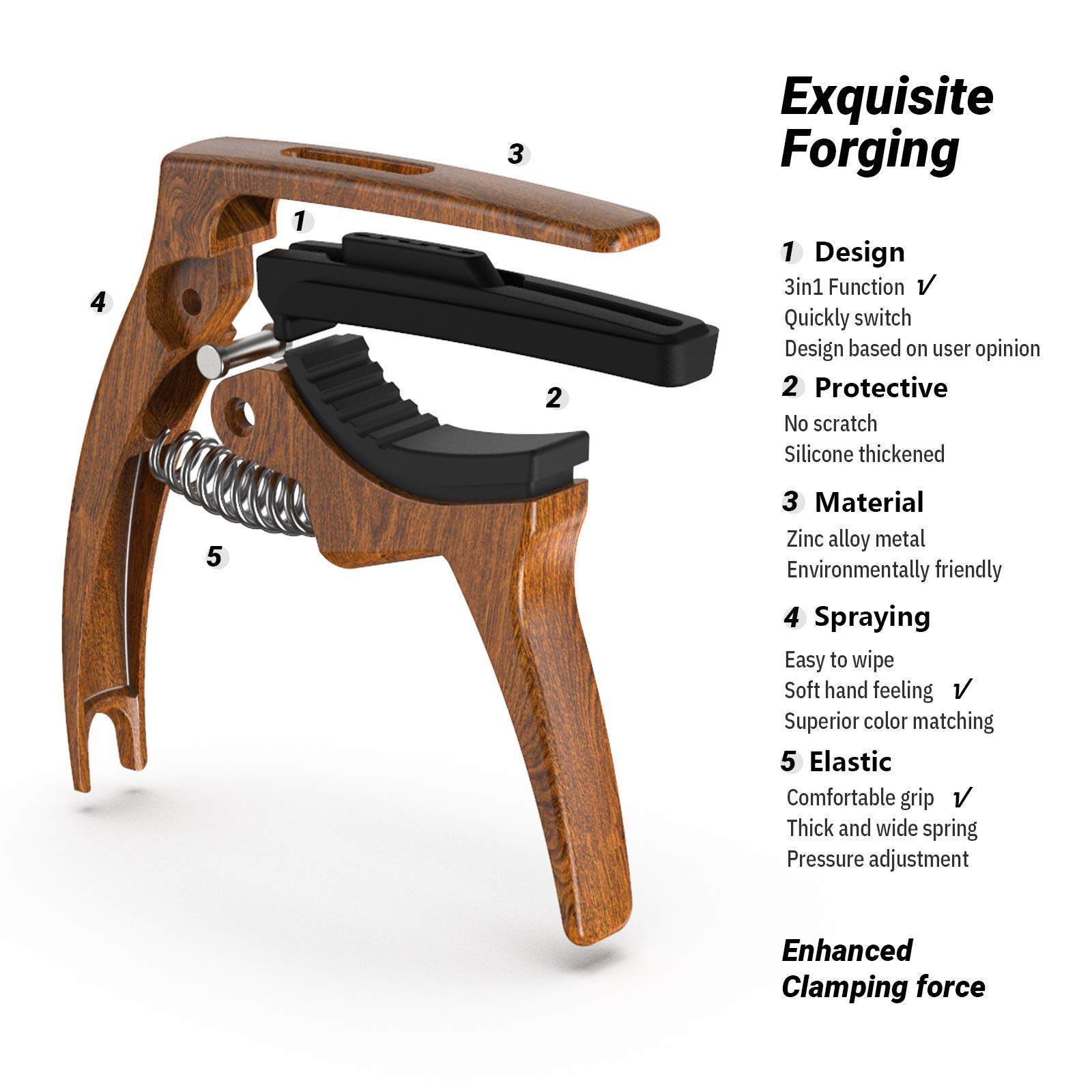3-in-1 Guitar Capo for Acoustic & Electric Guitars with Pick Holder - 2 Pack Includes 6 Picks - Universal Ukulele Capo - Premium Strings Accessories (Black & Wood) - Perfect for Live Performances, Studio Recording & Practice Sessions