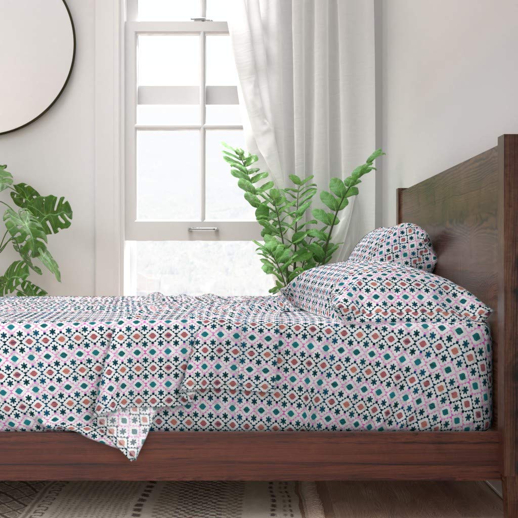 100% Cotton Twin Sheet Set 3pc - Geometric Diamond Tribal Bohemian Floral Print | Soft Breathable Bedding for Nursery, Girls Room & Boho Decor