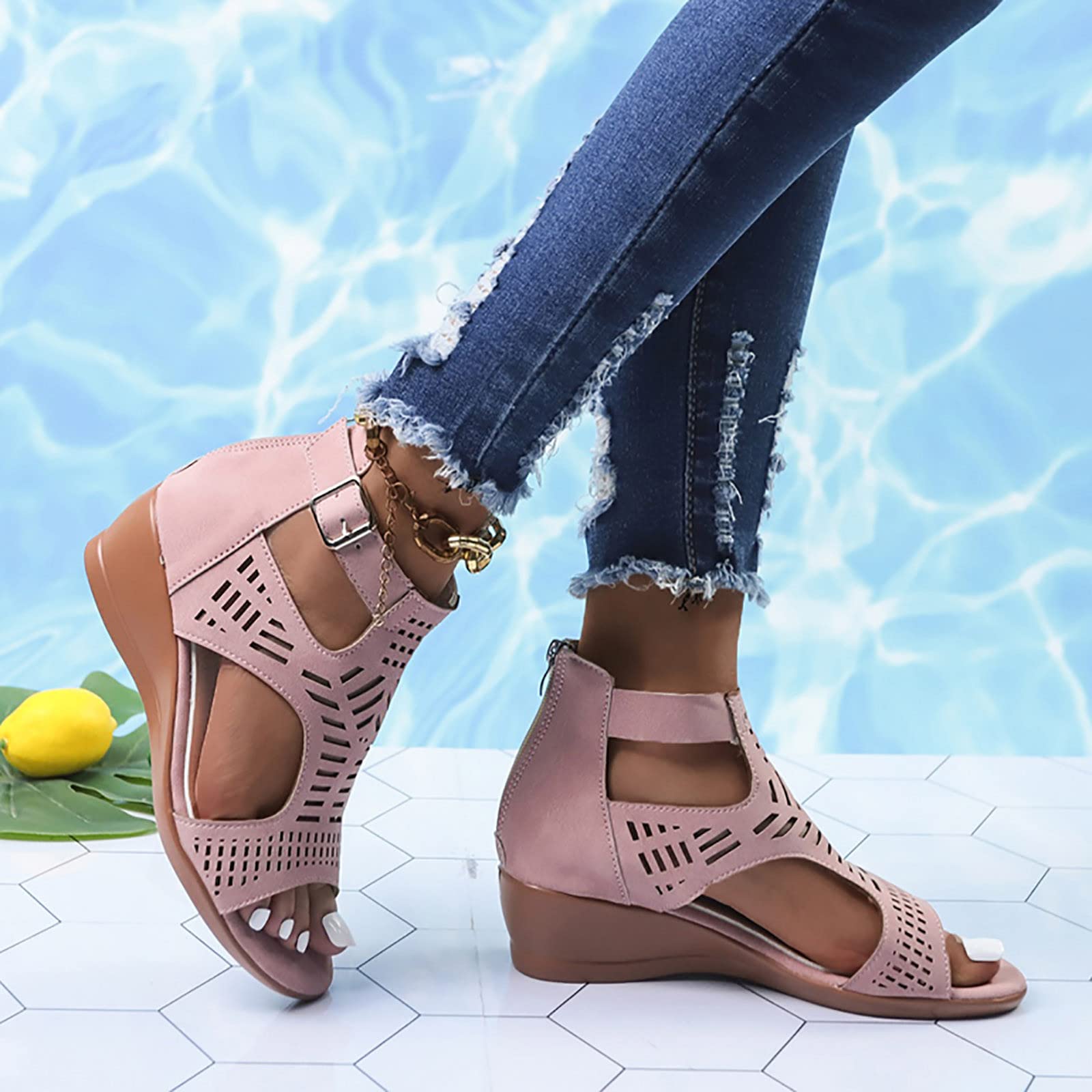 Women's Casual Buckle Cutout Peep Toe Wedge Heel Sandals - Stylish Summer Shoes for Beach, Party & Everyday Wear