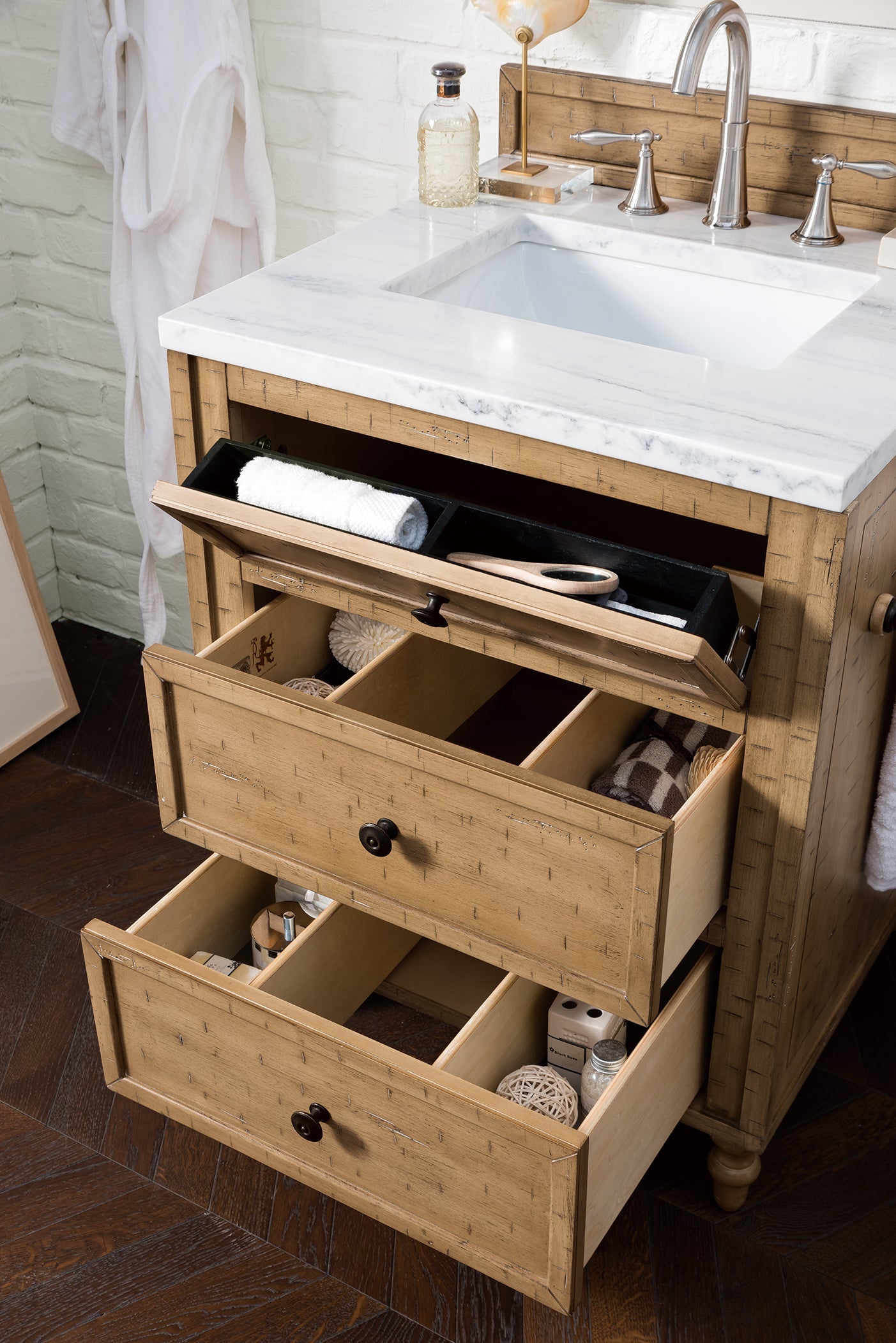 Copper Cove 26 Inch Driftwood Patina Bathroom Vanity with 3CM Arctic Fall Solid Surface Top - Modern Single Sink Vanity for Small Bathrooms & Powder Rooms