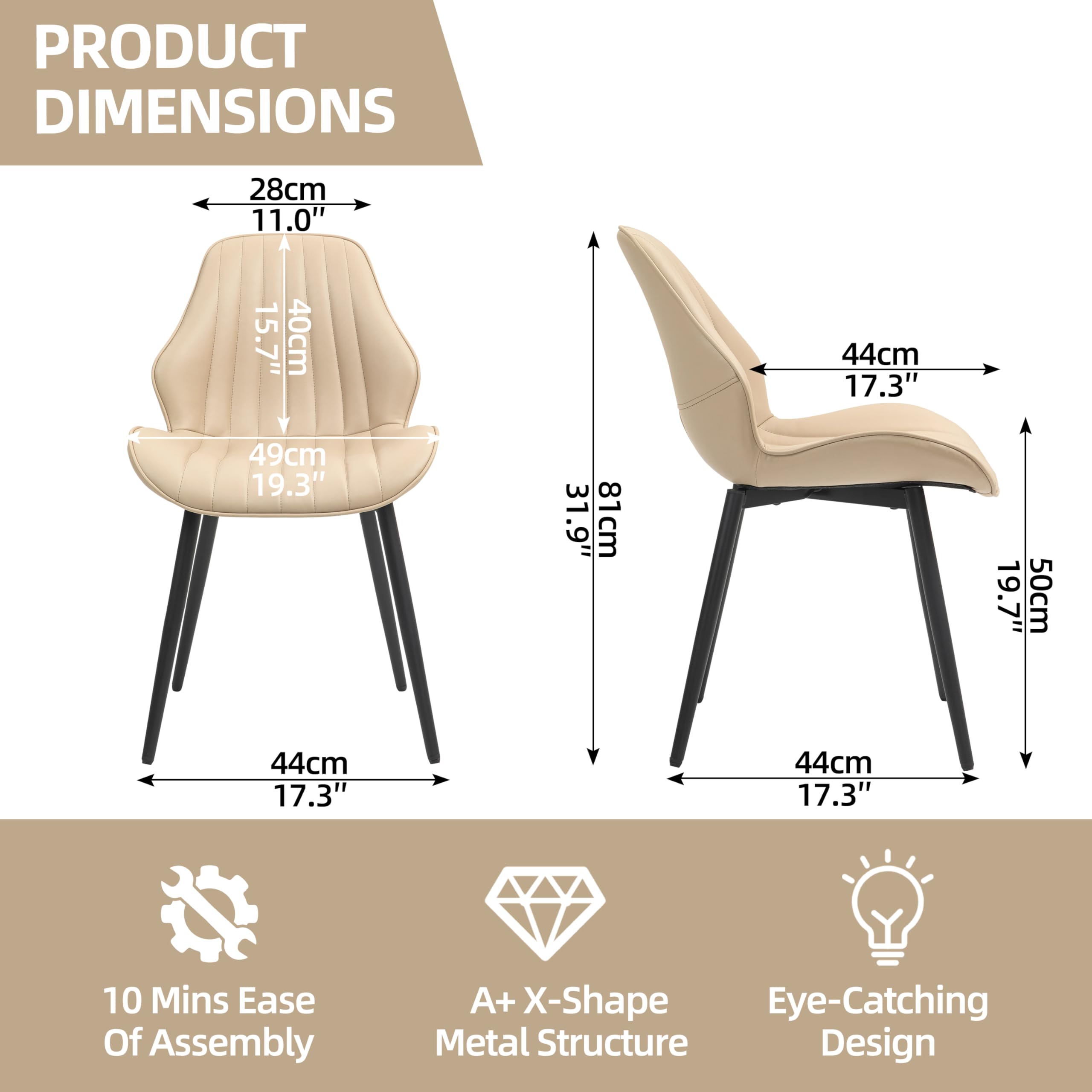 Finnhomy Mid-Century Modern Dining Chairs Set of 2 - Faux Leather Upholstered Armless Accent Chairs with Backrest & Metal Legs - Khaki Living Room & Dining Room Seating for Home Decor