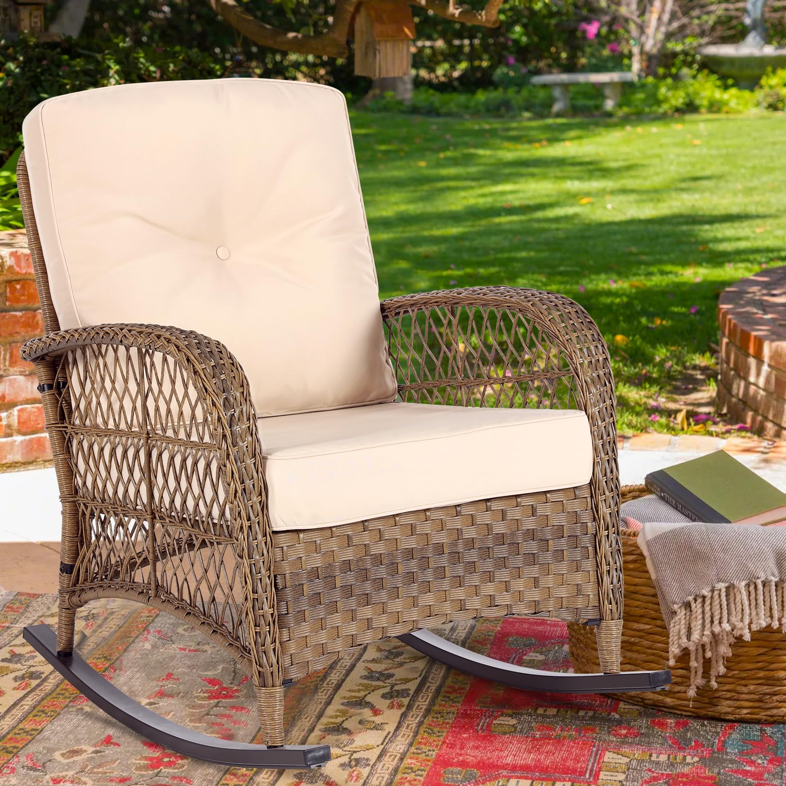 MEETWARM Outdoor Wicker Rocking Chair with Cushions - Rattan Patio Rocker Chair with Steel Frame, Beige - Perfect for Garden, Porch, Backyard & Poolside Relaxation