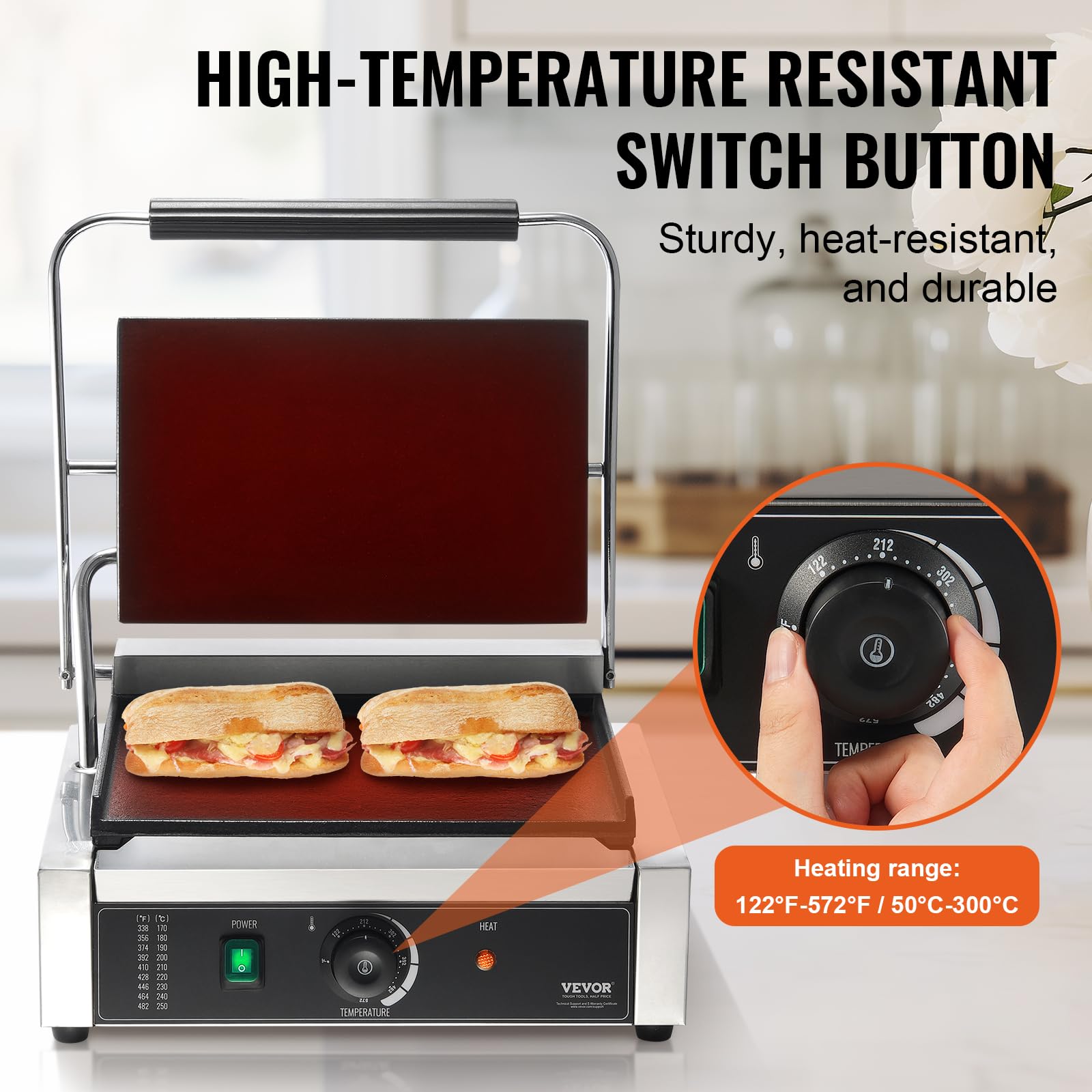 VEVOR 1800W Commercial Electric Panini Grill Press, Stainless Steel Sandwich Maker with Temperature Control & 14
