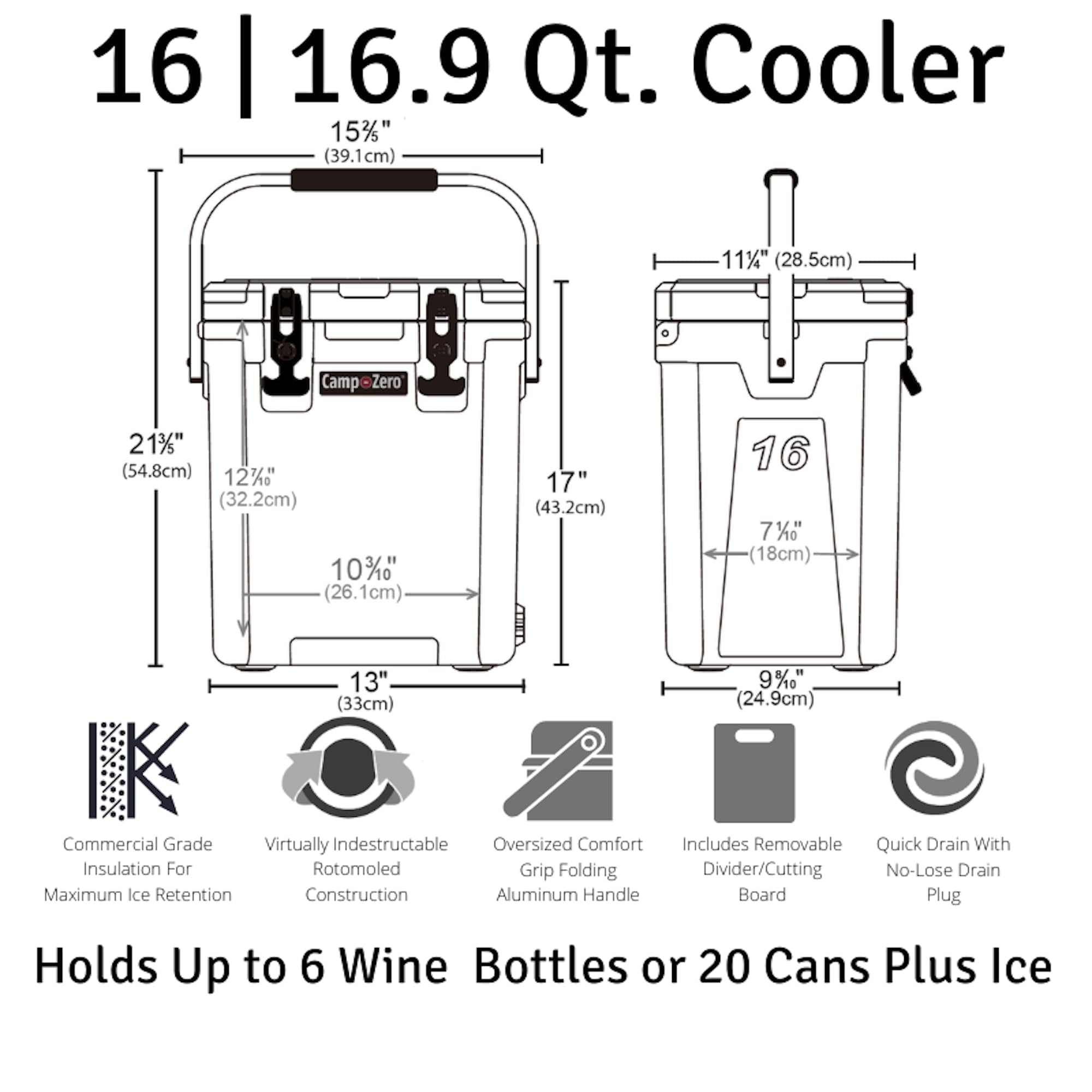 CAMP-ZERO 16L/16.9 Quart Portable Hard Cooler with Divider - Insulated Cooler for Drinks, Wine Bottles & Lunch - Perfect for Beach, Picnics, Boating, Camping & Travel - Features 2 Molded-in Cup Holders & Folding Aluminum Handle - Ideal for Outdoor Adventures, Tailgating & Road Trips