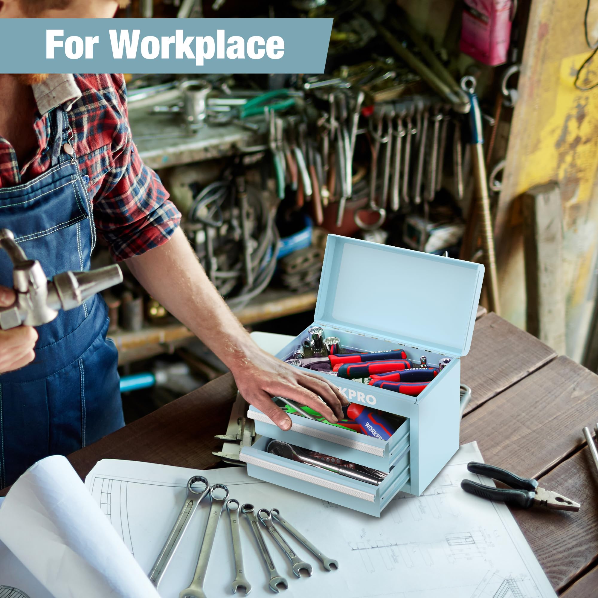 WORKPRO Mini Metal Tool Box with 2 Drawers & Top Storage - Small Steel Tool Chest with PVC Liners, PP Feet Pads & Magnetic Tab | Durable Cold Rolled Steel Construction | Perfect for Home Garage, Workshop & DIY Projects