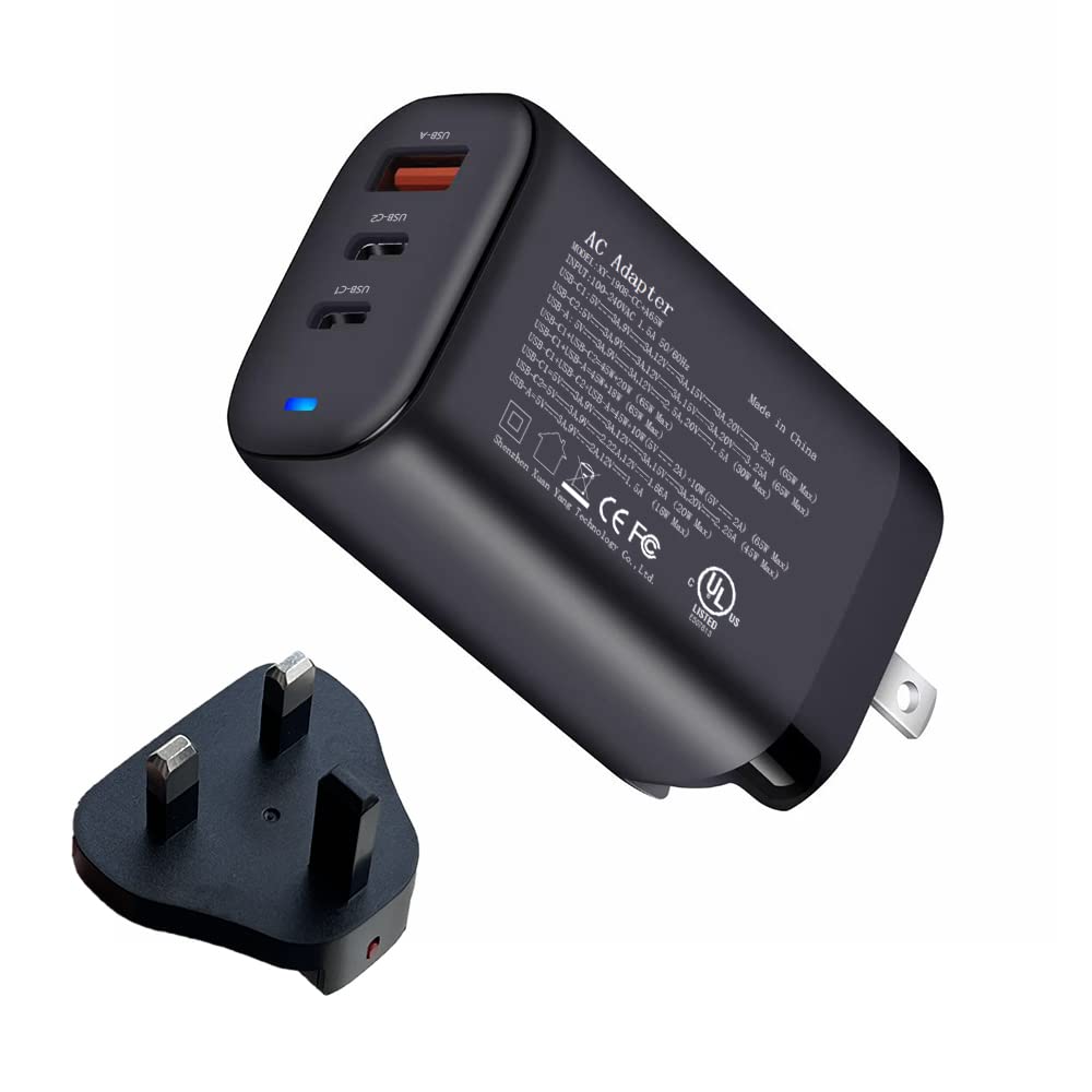 65W USB C Fast Charger Block with 3 Ports, PD 3.0 GaN Power Adapter for iPhone 15/14/13, Samsung Galaxy, MacBook - Compact Travel Wall Charger with UK Plug for Home, Office & Airports