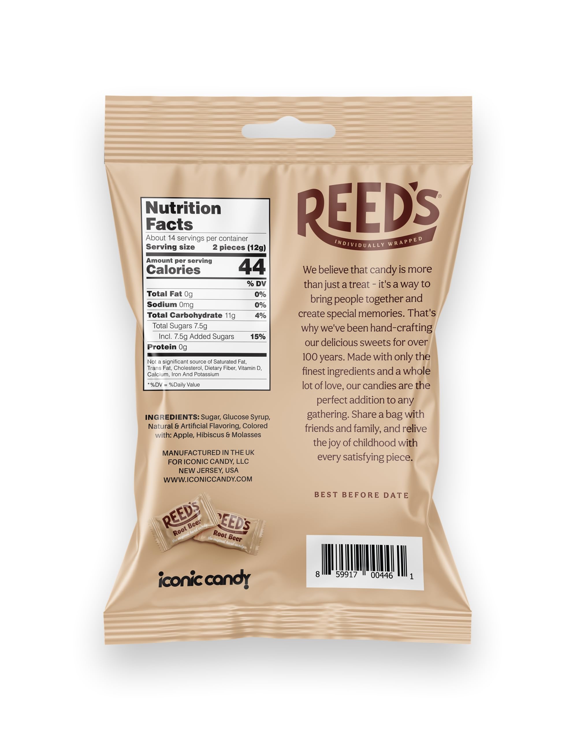Reed's Individually Wrapped Root Beer Hard Candy - 6.25oz Peg Bag | Old-Fashioned Creamy Root Beer Flavor | Classic American Treat for Parties, Movie Nights & Gift Baskets