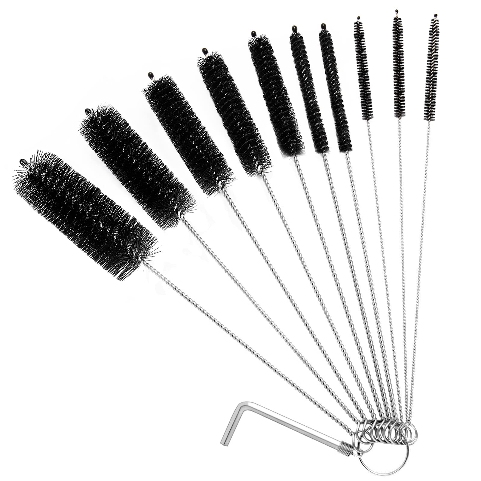 8 Inch Straw Cleaner Brush Set - 11pcs Nylon Bottle & Tube Cleaning Brushes with Allen Wrench - Perfect for Narrow Neck Bottles, Water Bottles, Straws, Baby Bottles & Reusable Drinkware - Black Cleaning Brush Kit