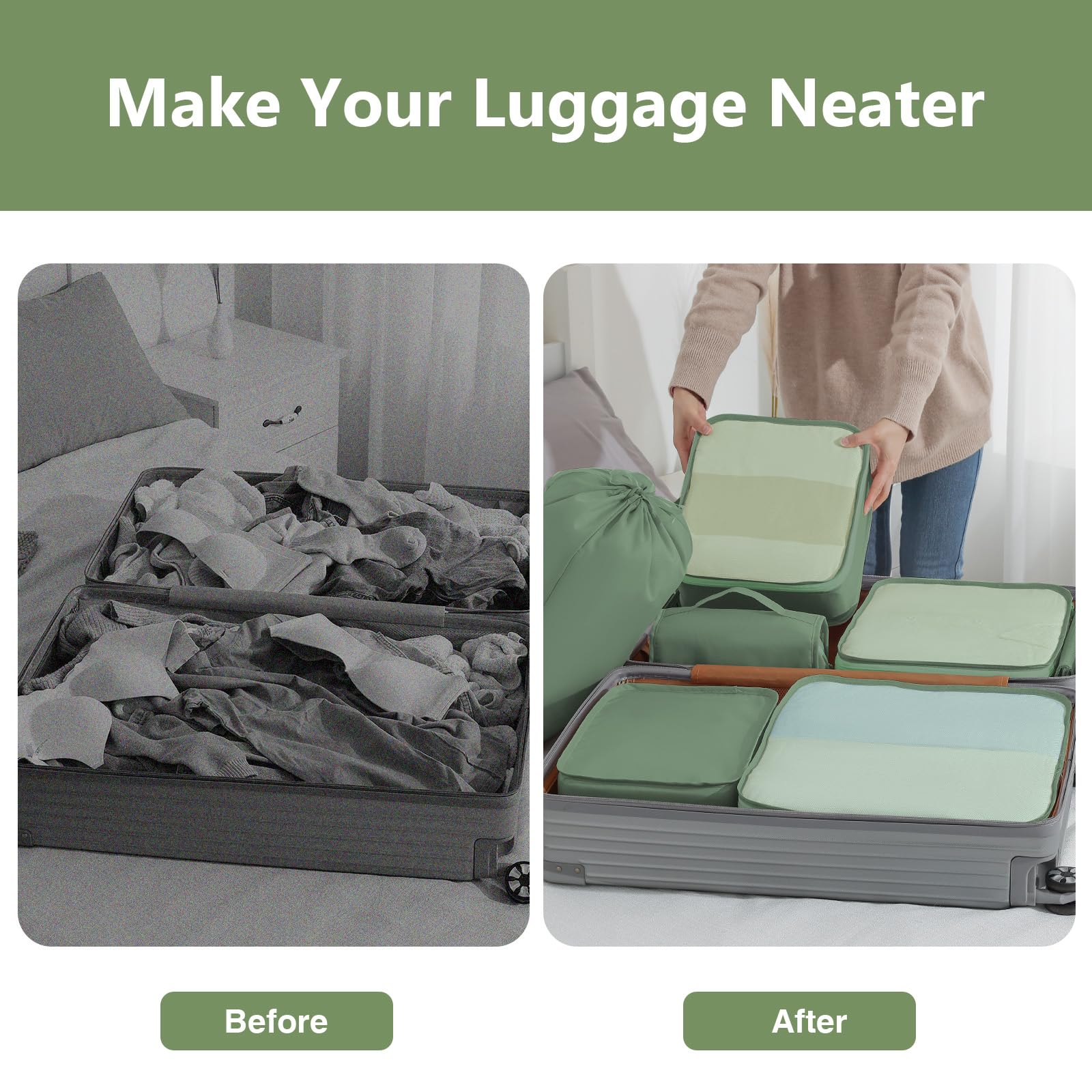 9-Piece Travel Packing Cubes Set - Large Suitcase Organizer with Laundry Bag, Shoe Bag & Toiletry Bag (Matcha Green) | Perfect for Business Trips, Vacations & Weekend Getaways