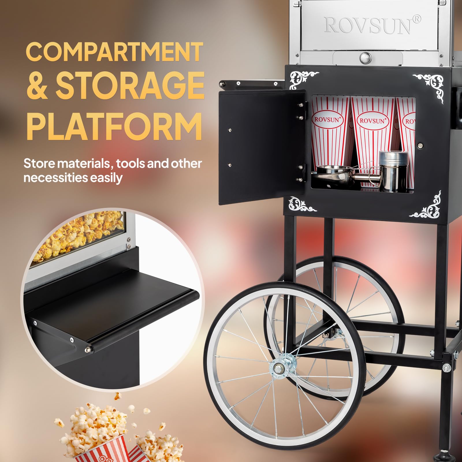 ROVSUN Commercial Popcorn Machine with Cart - 8 Oz Kettle Makes 32 Cups, Includes Wheels, Stainless Steel Scoop, Oil Spoon & 3 Popcorn Cups - Perfect for Home Theater, Movie Nights, Parties & Events (Black)
