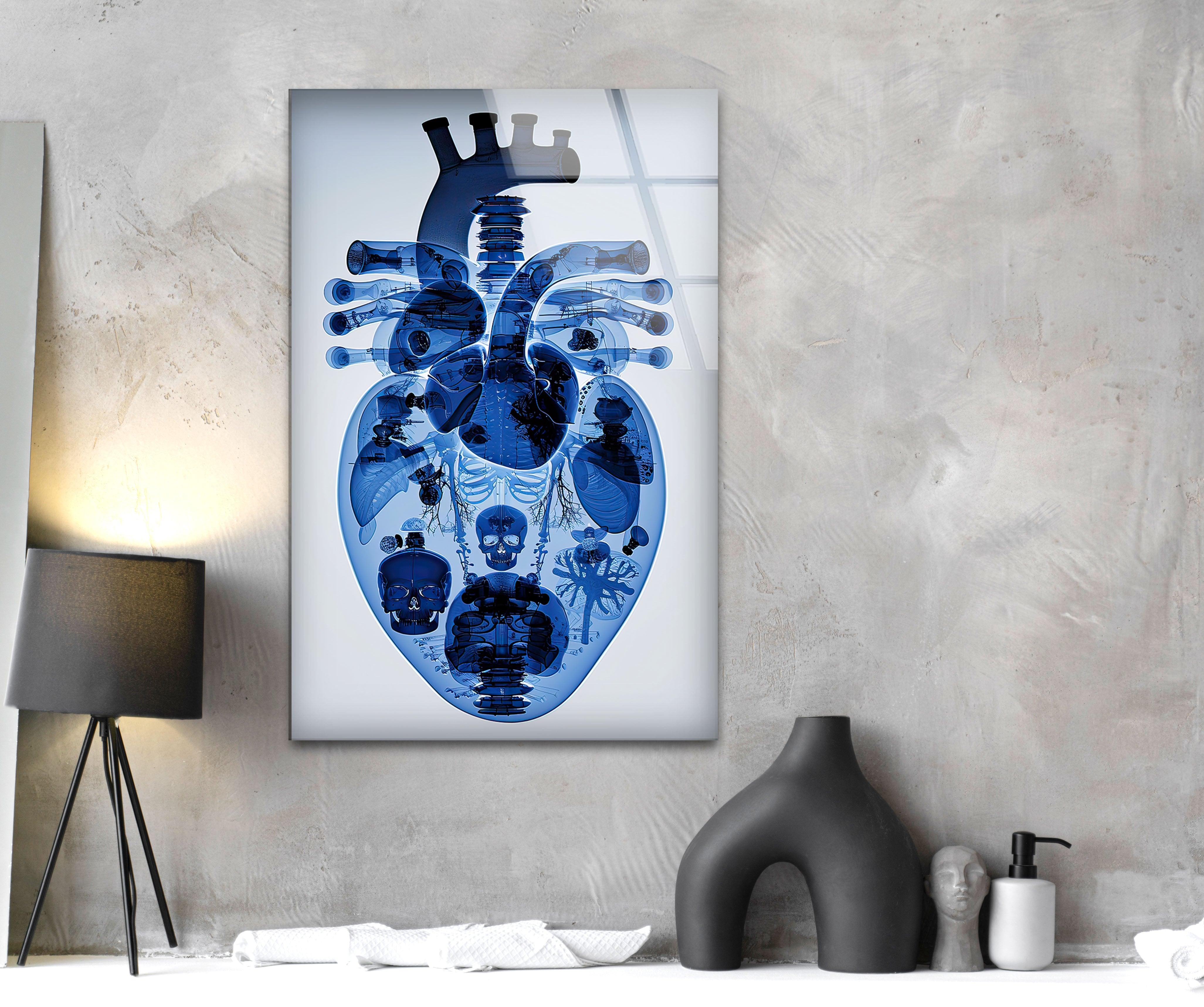 Blue Mechanical Heart Glass Wall Art - Elegant Home Decor for Living Room, Bedroom & Office - Perfect Gift for Valentine's Day & Anniversaries