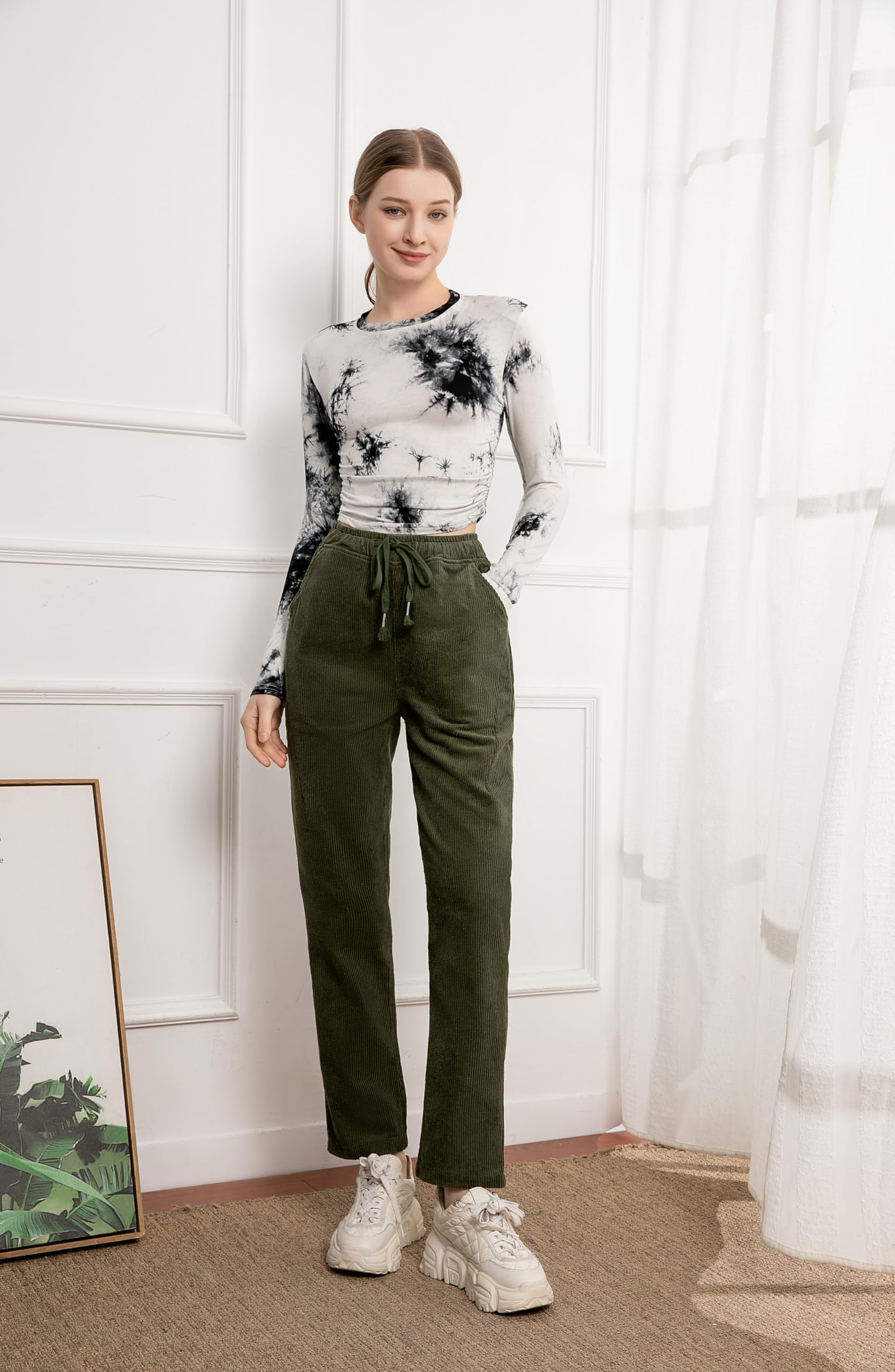 Minibee Women's Corduroy Pants - Soft Stretch Elastic Waist Pull-On Trousers with Drawstring | Comfortable Casual Cotton Pants for Work, Travel & Everyday Wear