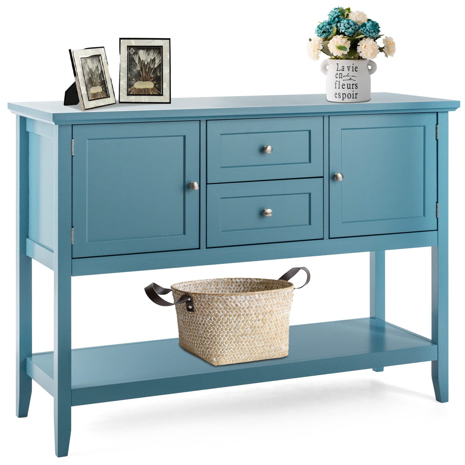 COSTWAY Buffet Sideboard with 2 Wood Storage Drawers & Open Shelf | Modern Console Table for Living Room, Kitchen & Dining Room Furniture | Blue Storage Cabinet for Home Organization & Entertaining