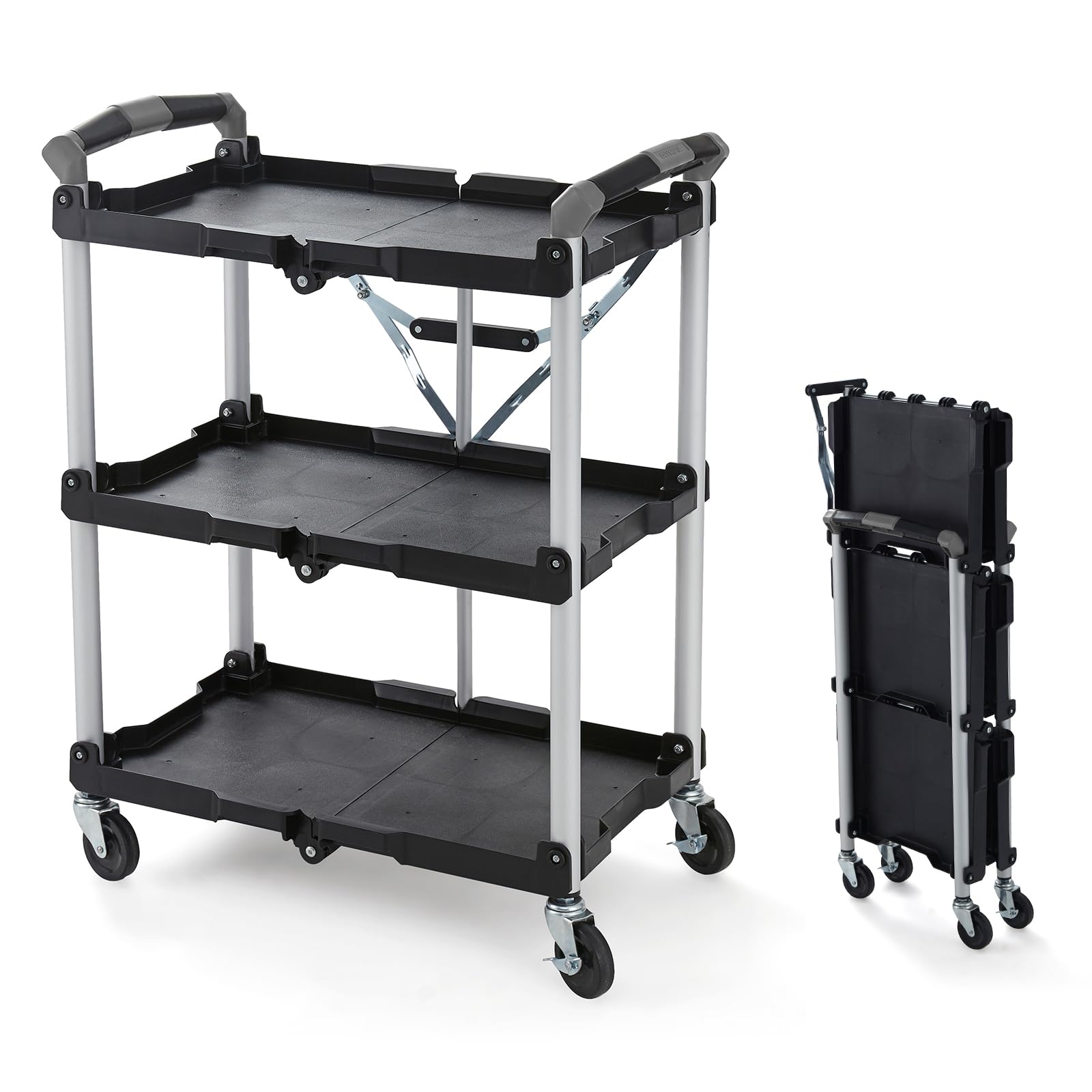 Olympia Tools 85-188 Pack-N-Roll Folding Collapsible Service Cart - Heavy Duty 150LB Capacity Utility Cart with Wheels - Perfect for Warehouse, Workshop, Garage & Home Organization - Black