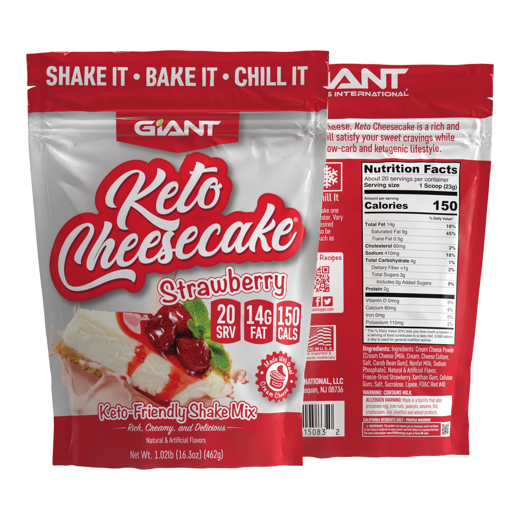 Giant Sports Keto Cheesecake Shake Mix - Low Carb Ketogenic Diet Powder, Gluten Free, Sugar Free, High Protein - Perfect with Almond Milk or Water - Strawberry Flavor (20 Servings) for Weight Loss & Muscle Recovery - Ideal for Breakfast, Post-Workout or Healthy Snacking
