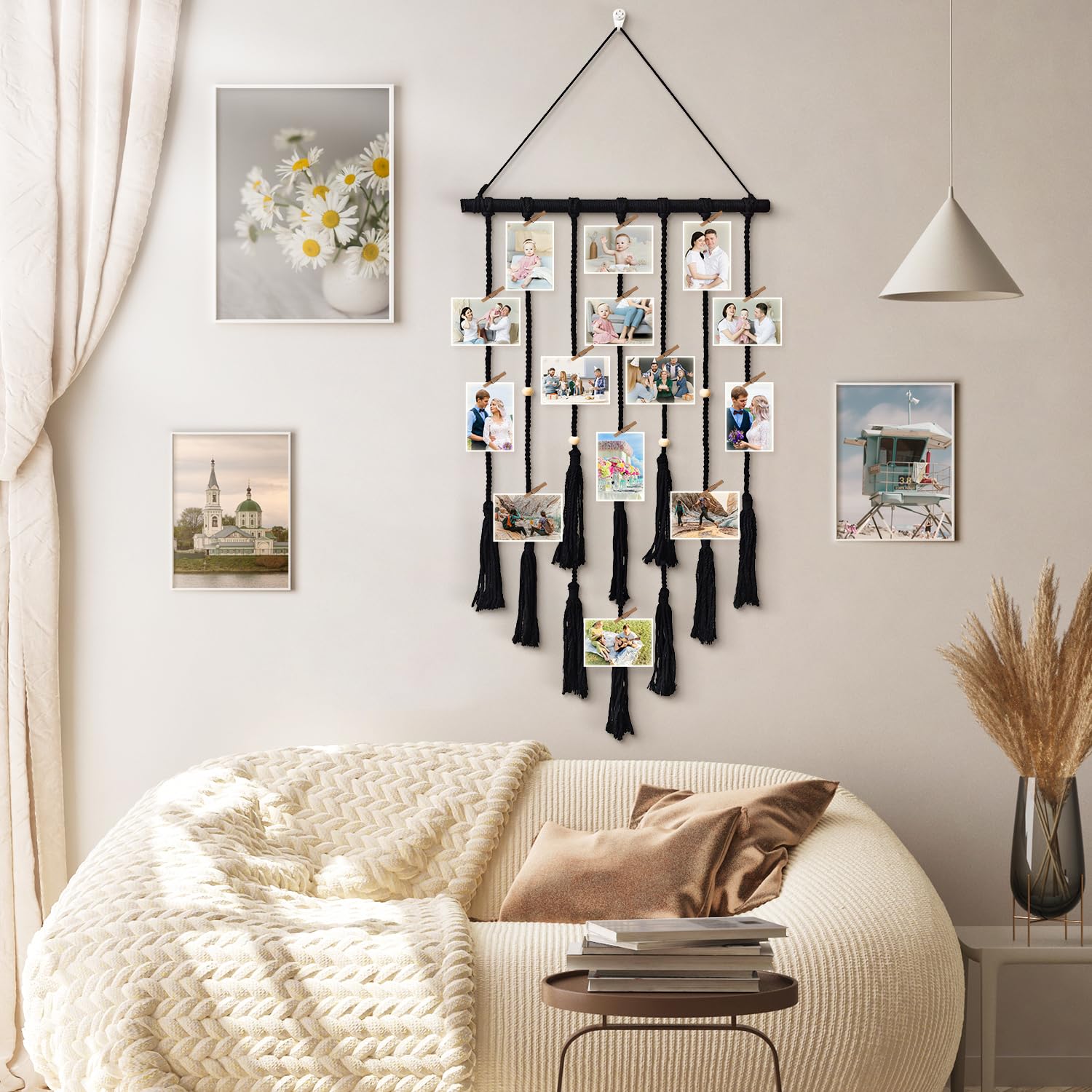 Popotop Hanging Photo Display with Clips - Boho Wall Decor for Bedroom, Nursery & Dorm - LED String Lights - Perfect Gift for Teens, Girls, Kids (Christmas, Birthday) - Display Memories, Photos & Polaroids in Style