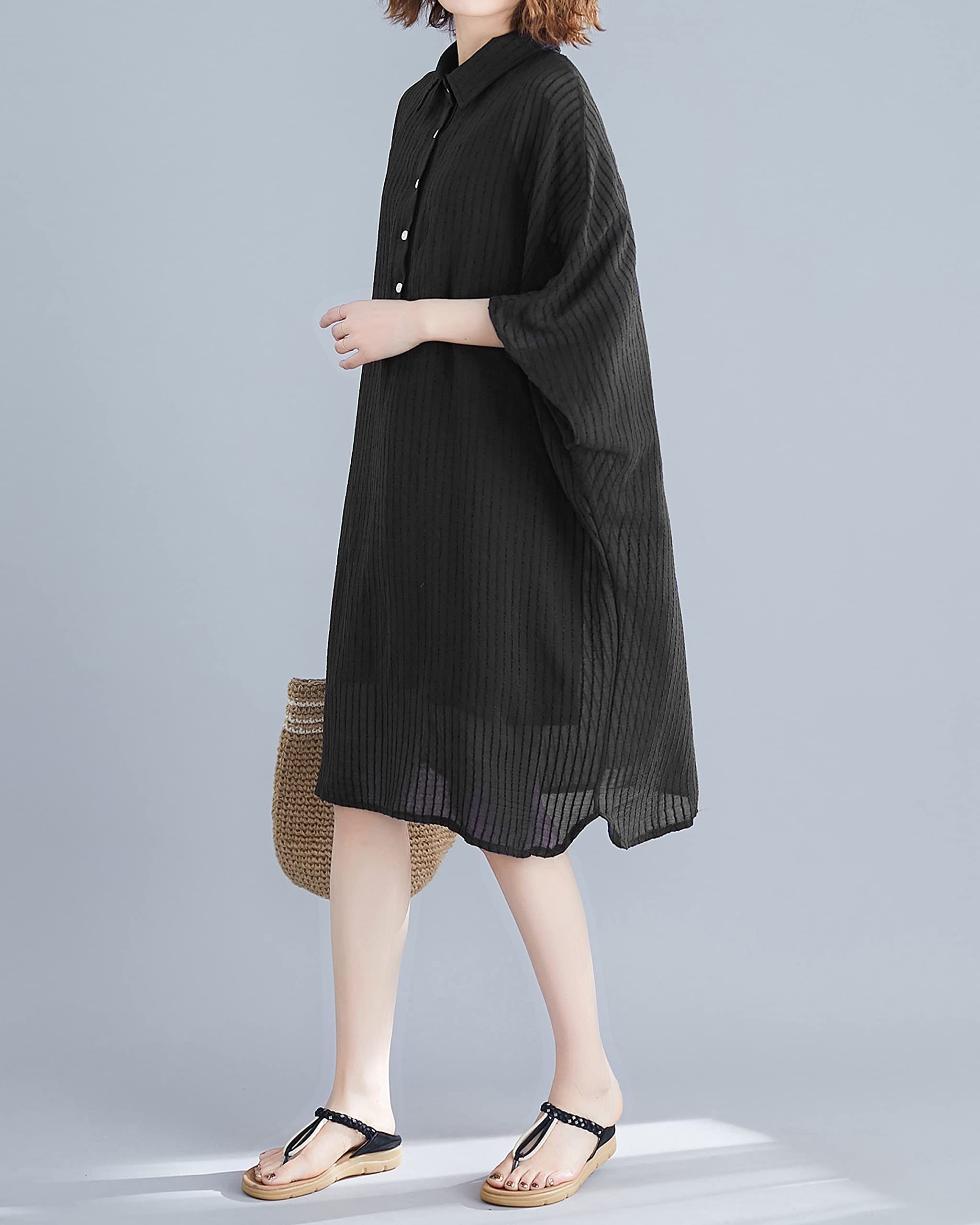 EllaZhu Women's Summer Batwing Short Sleeve Collar Midi Shirt Dress GA2323 - Casual Office Wear, Beach Cover Up & Date Night Outfit