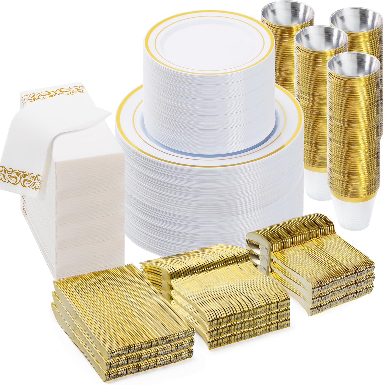 700-Piece Gold Plastic Dinnerware Set for 100 Guests - Includes 100 Dinner Plates, Dessert Plates, Silverware Sets, Cups & Napkins - Elegant Disposable Tableware for Weddings, Parties & Events