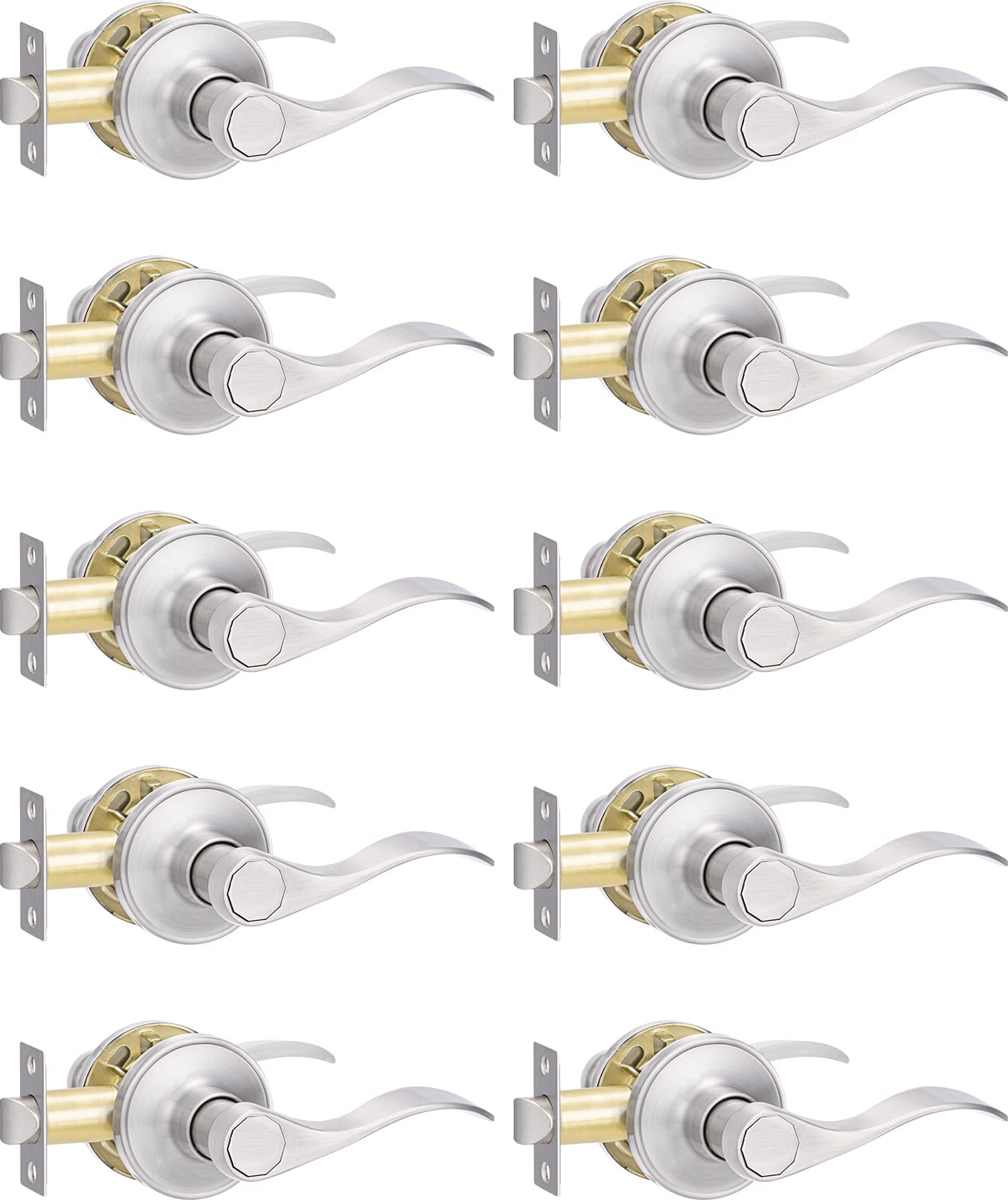 10 Pack Brushed Nickel Reversible Door Lever - Traditional Wave Style Passage Door Handle Set for Interior Doors & Closets | Perfect for Bedrooms, Bathrooms, and Home Office Spaces
