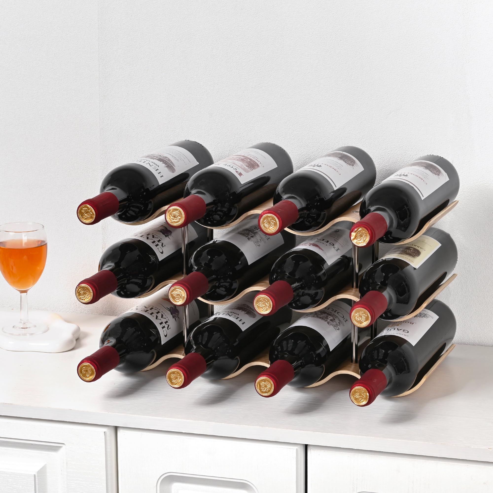12 Bottle Wooden Wine Rack - 3 Tier Countertop Wine Holder Stand for Kitchen, Bar, Pantry & Cabinet Storage | Wavy Design Freestanding Wine Organizer for Home & Restaurant Use