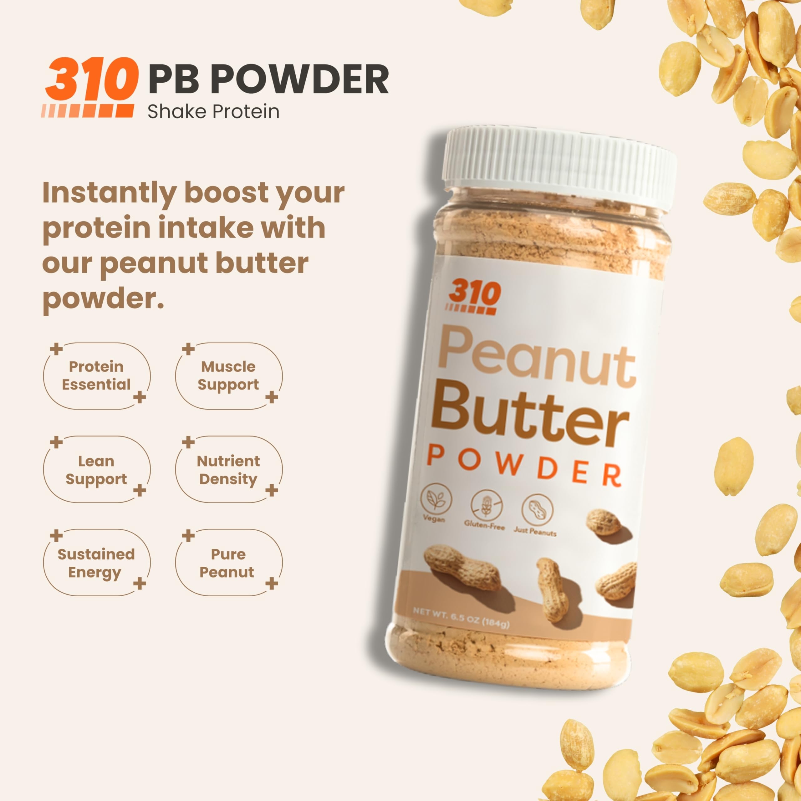 310 Nutrition Powdered Peanut Butter - All Natural, Non-GMO, Gluten-Free Protein Powder (6.5oz) - Perfect for Smoothies, Baking & Healthy Snacks
