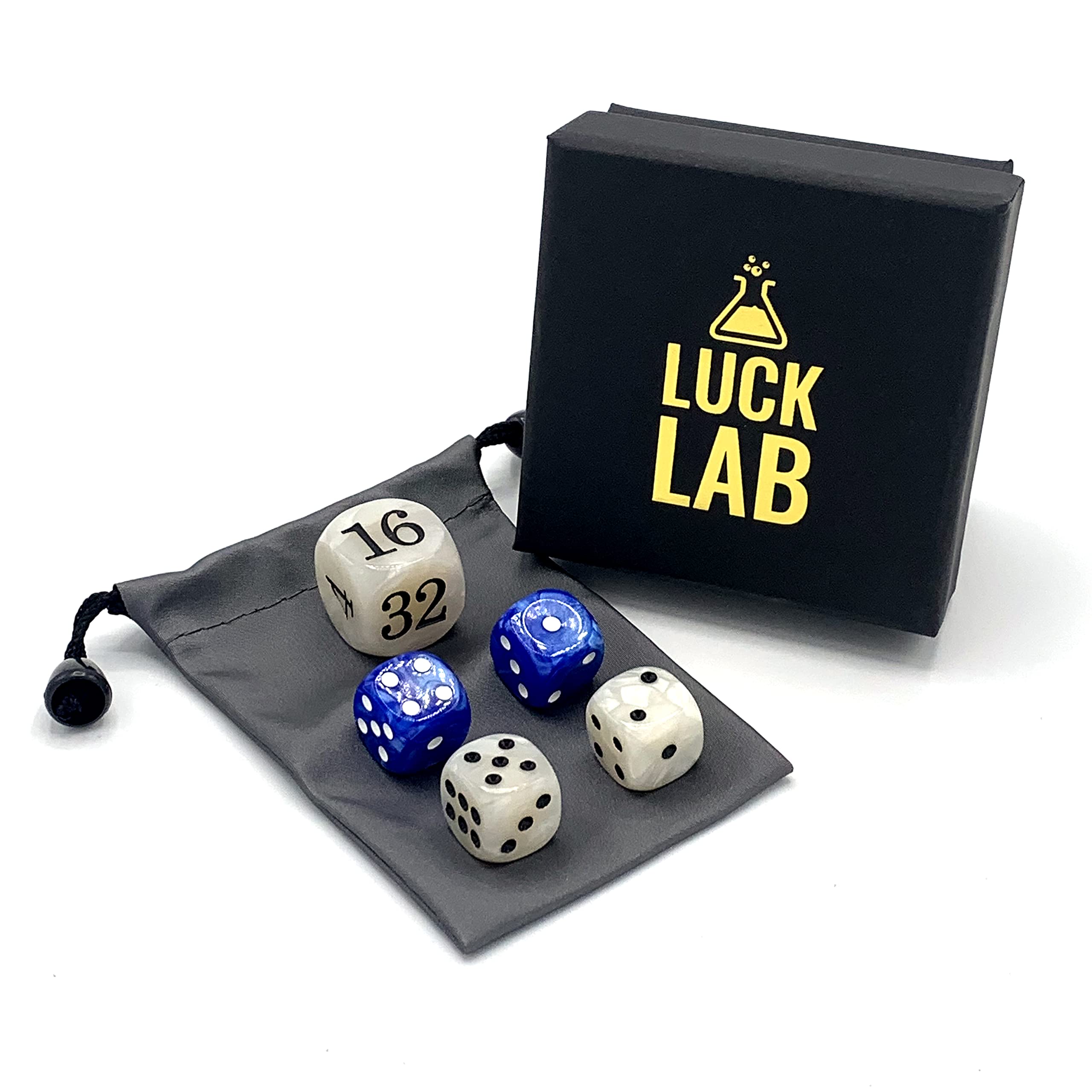 Luck Lab Backgammon Pearl Dice Set - 22mm Doubling Cube & 4x16mm Dice with Bonus Storage Bag | Blue/White Marble Design | Perfect for Board Games, Travel & Gifts