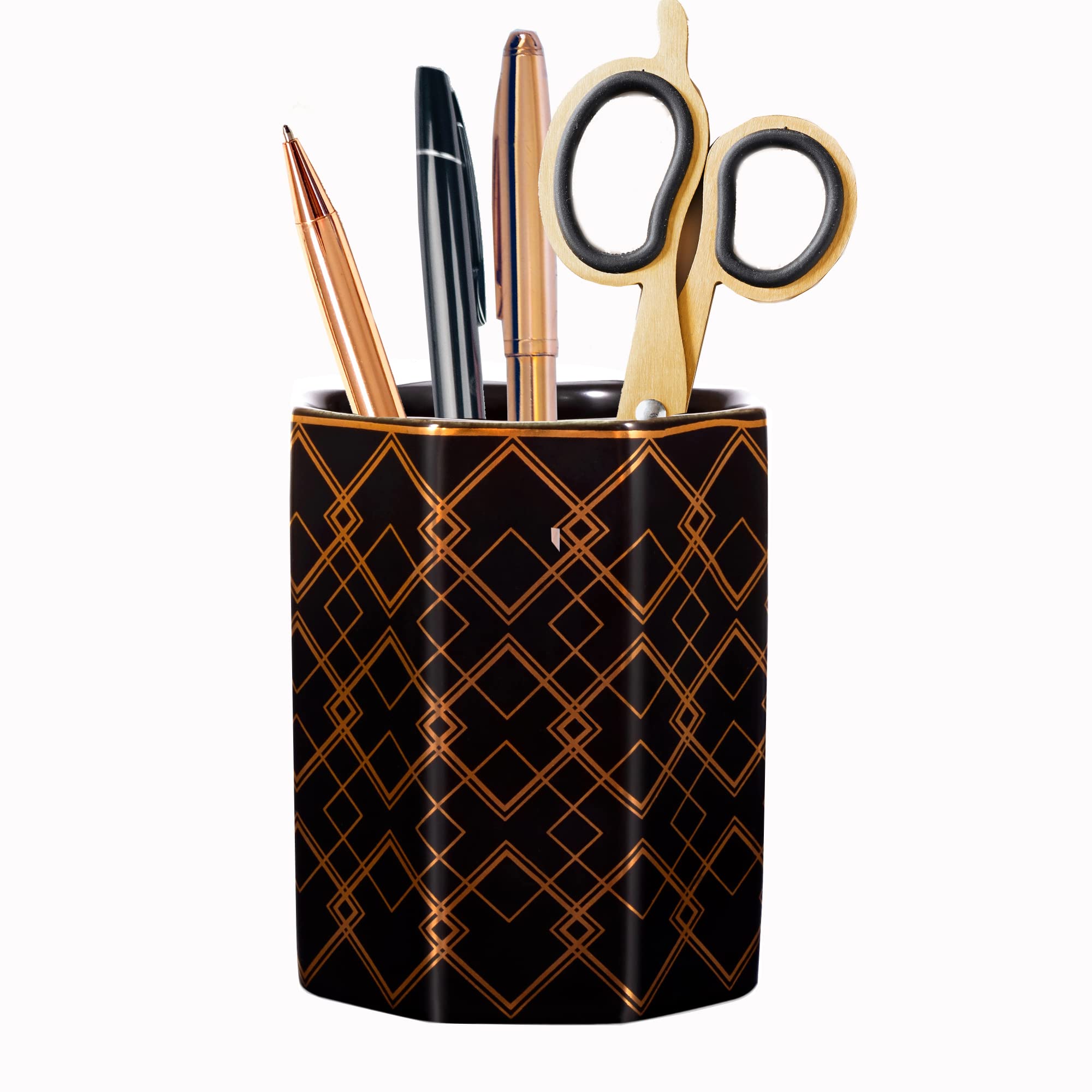 Elegant Ceramic Pen Holder for Desk - Cute Pencil Cup & Makeup Brush Organizer for Women, Girls, Kids - Perfect for Office, Classroom, Home Decor (Black Gold Grid Pattern) | Stylish Desk Accessory for Work, Study & Beauty Storage