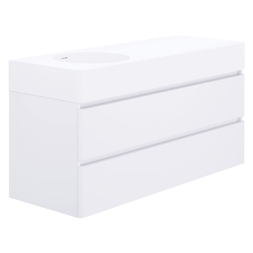 Fienza EN120WL Australian Made Encanto 1200mm Left Bowl Wall Mounted Bathroom Vanity in Ultra White Matte Finish - Perfect for Modern Bathroom Renovations and Small Space Solutions