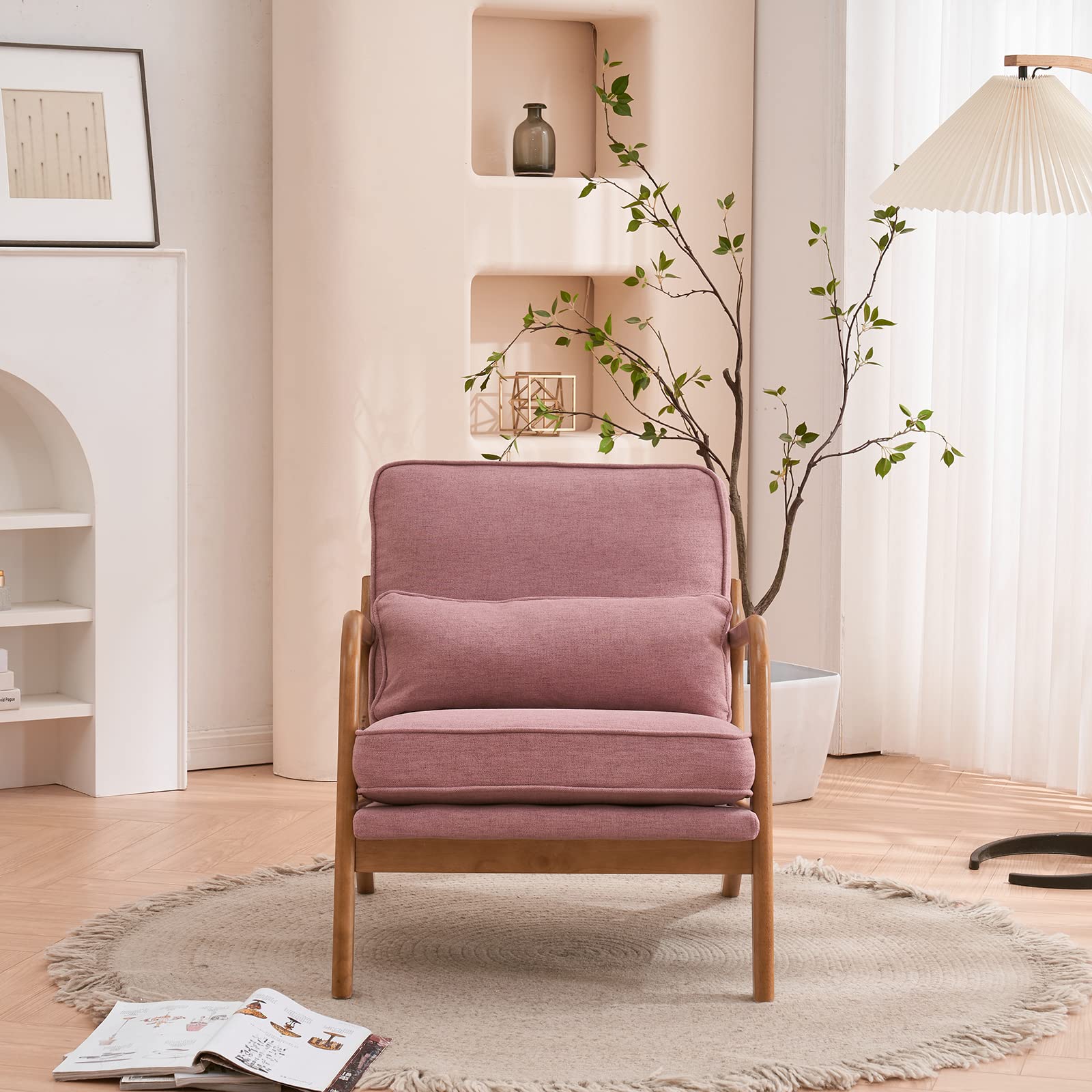 VINGLI Set of 2 Mid Century Modern Accent Chairs - Pink Linen Upholstered Lounge Armchairs with Wooden Legs for Living Room, Bedroom & Reading Nook - Cozy Comfortable Seating for Adults (Perfect for Relaxing, Reading & Home Decor)