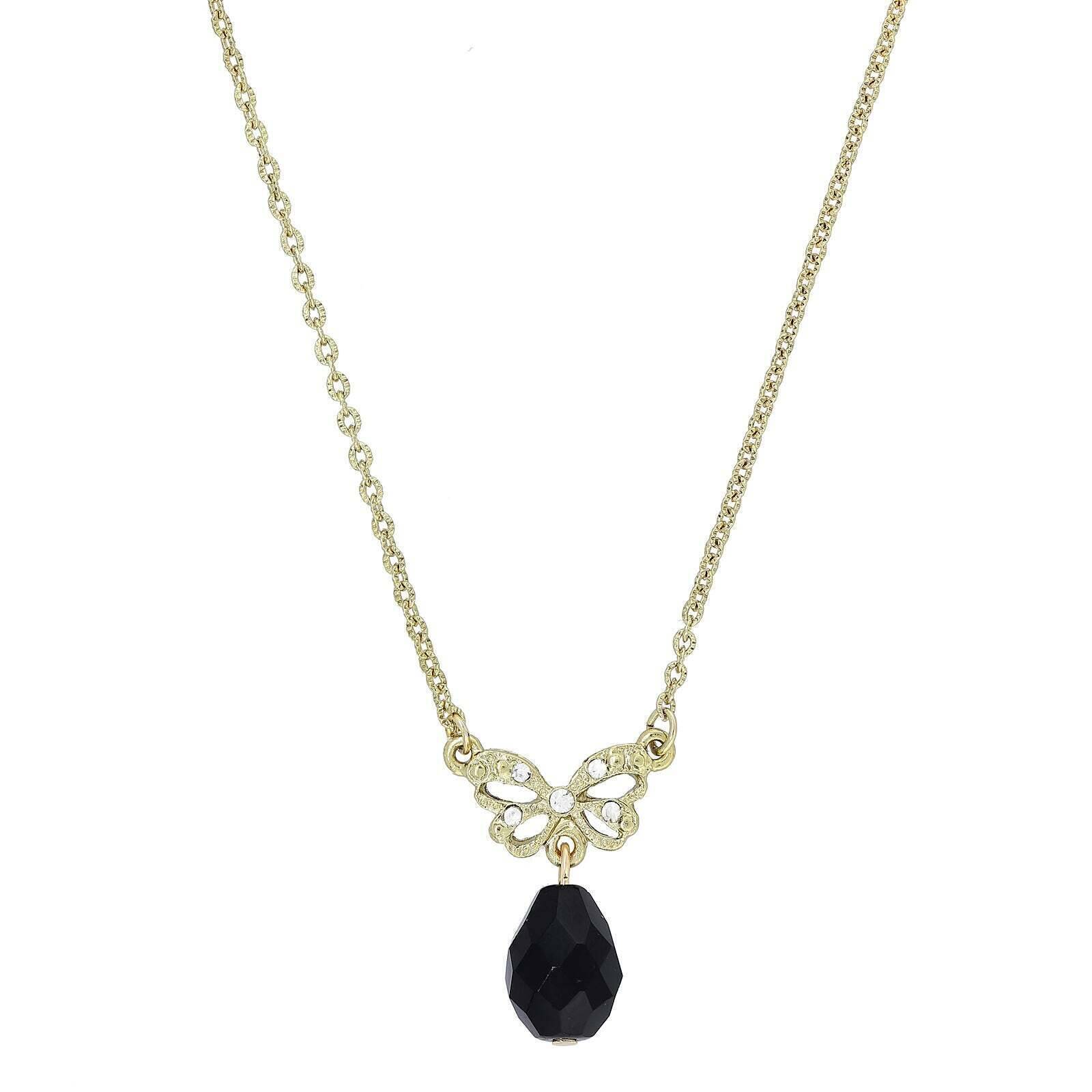 1928 Jewelry Bow Black Bead Drop Pendant Necklace - 16