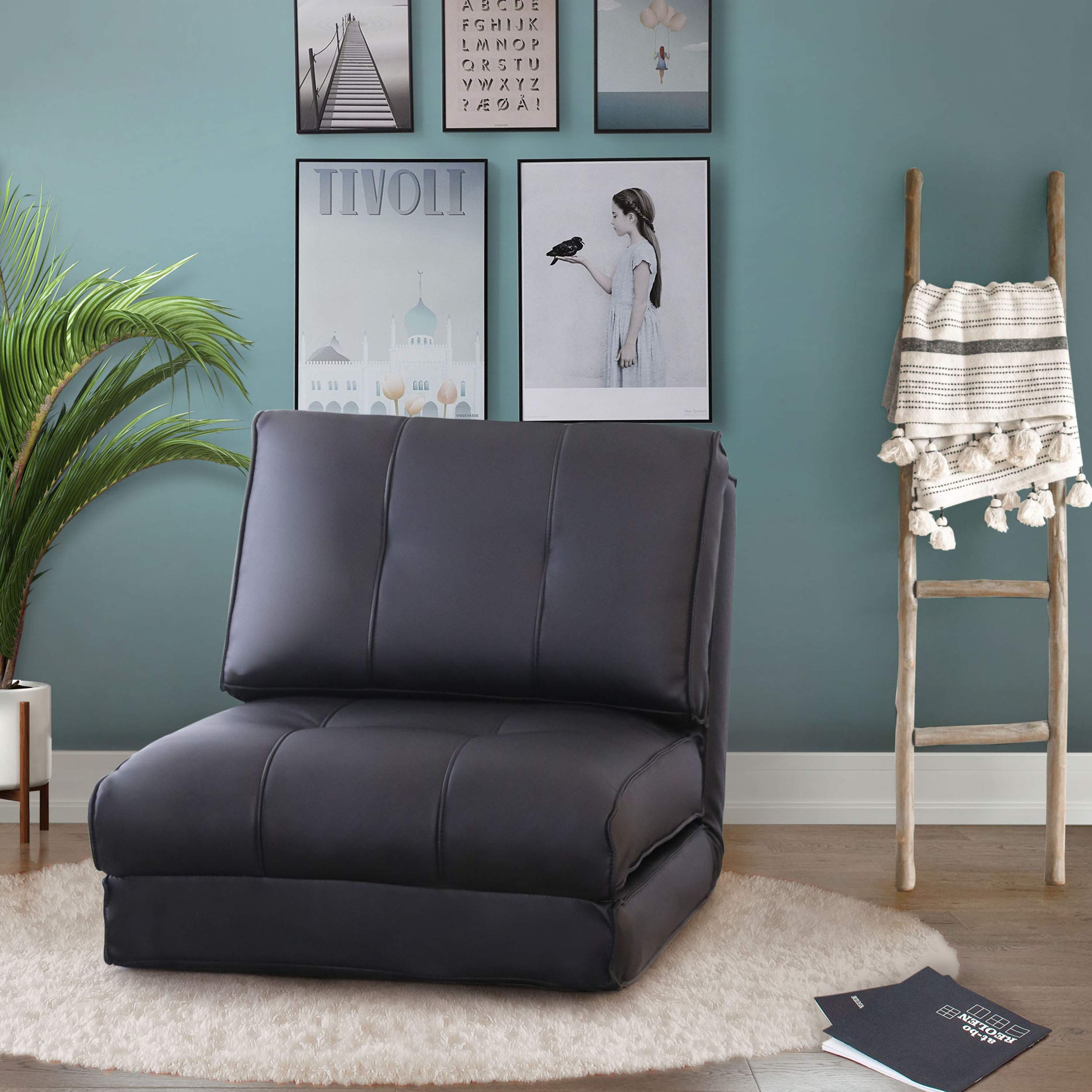 Abbyson Living Black Faux Leather Upholstered Single Sleeper Floor Chair - Convertible Lounger for Small Spaces, Living Room, Dorm & Guest Room Comfort