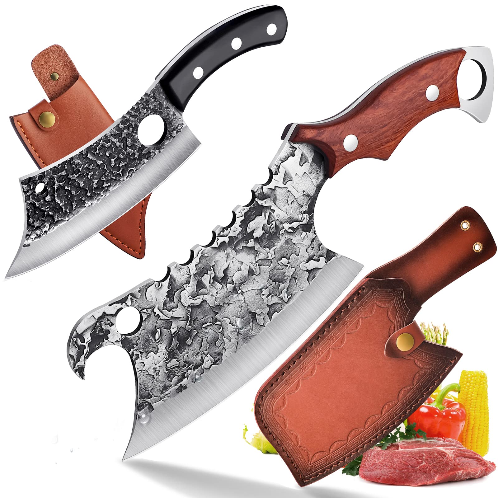 Premium Hand-Forged Meat Cleaver & Butcher Knife Set - Ultra Sharp Professional Kitchen Knives for Chopping, Slicing, and Dicing - Perfect for Home Cooking, Outdoor Camping, BBQ, and Hunting
