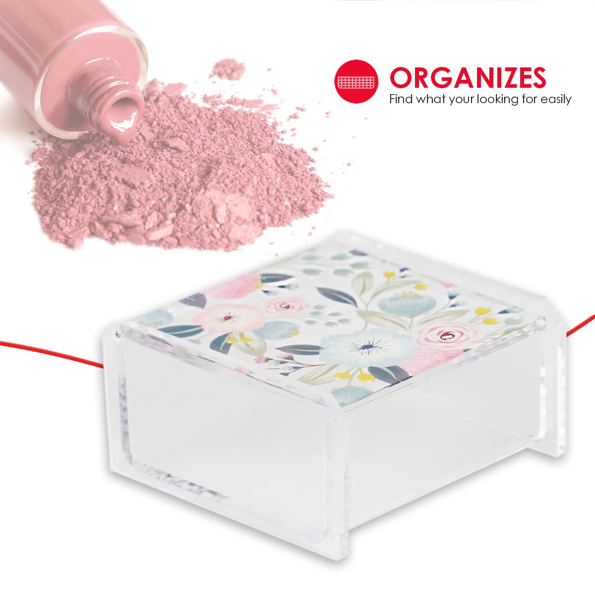 Floral Print Small Plastic Storage Box with Hinged Lid - Cosmetic & Jewelry Organizer for Nail Polish, Eyeshadow & Accessories | Perfect for Bedroom, Bathroom Vanity & Cabinet Organization