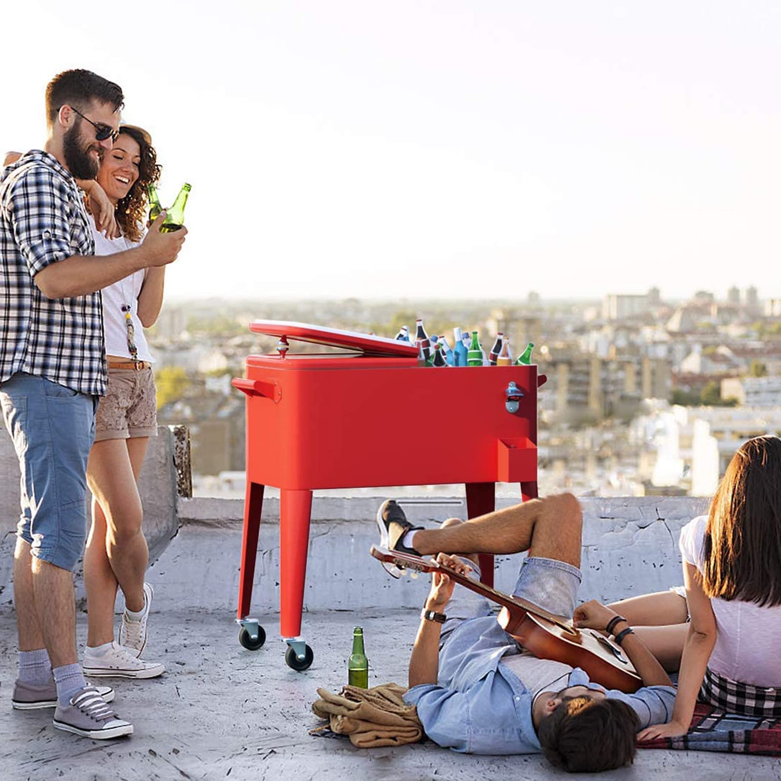Giantex 80 Quart Rolling Cooler Cart with Wheels - Steel Outdoor Patio Cooler with Locking Wheels, Bottle Opener & Drain Plug - Portable Ice Chest for Party, BBQ, Camping, Beach & Tailgating (Red)