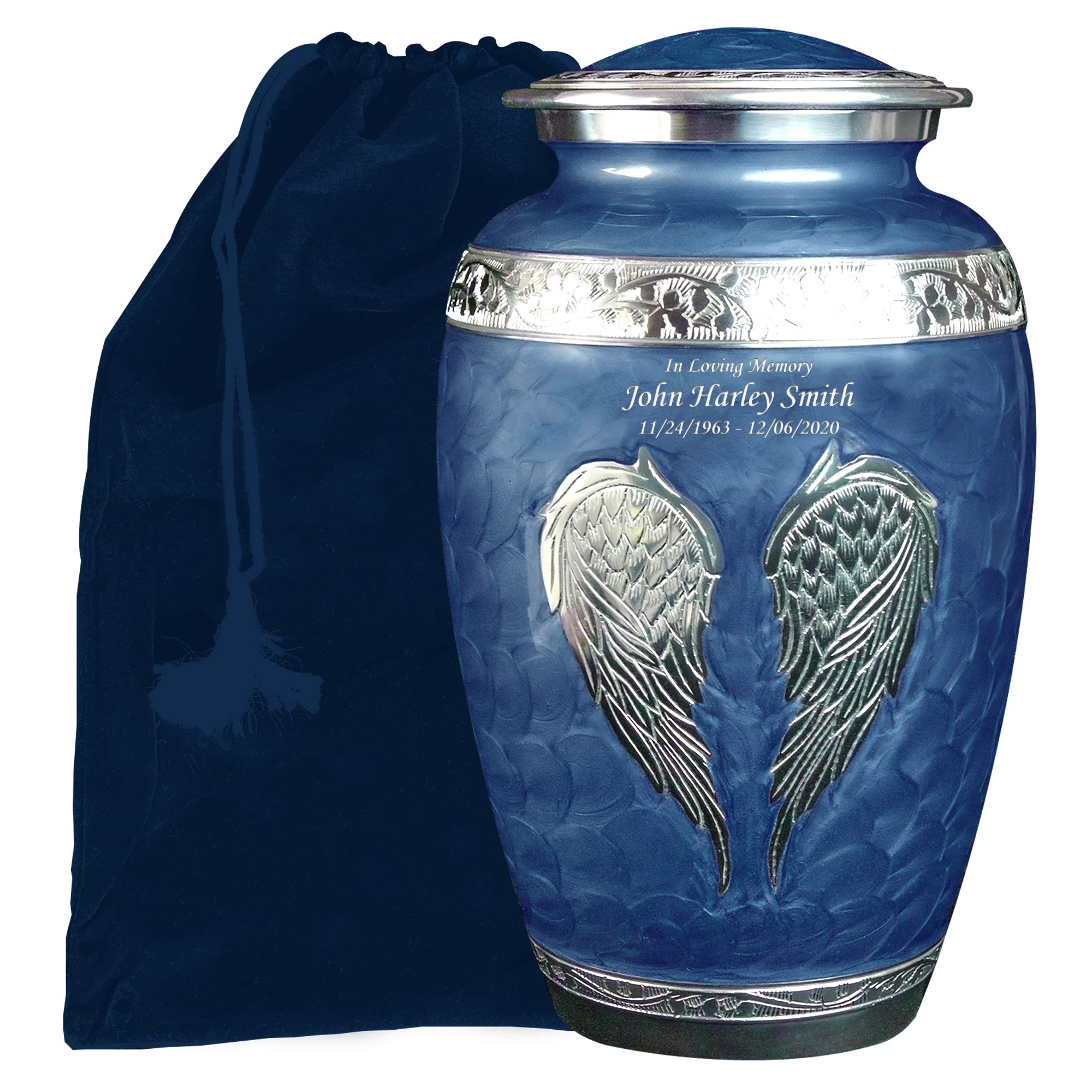 Royal Blue Angel Wings Funeral Cremation Urn Set - Personalized Memorial Urn with Matching Keepsake & Velvet Bags - Large Size for Ashes - Perfect for Memorial Services, Home Display & Remembrance Ceremonies