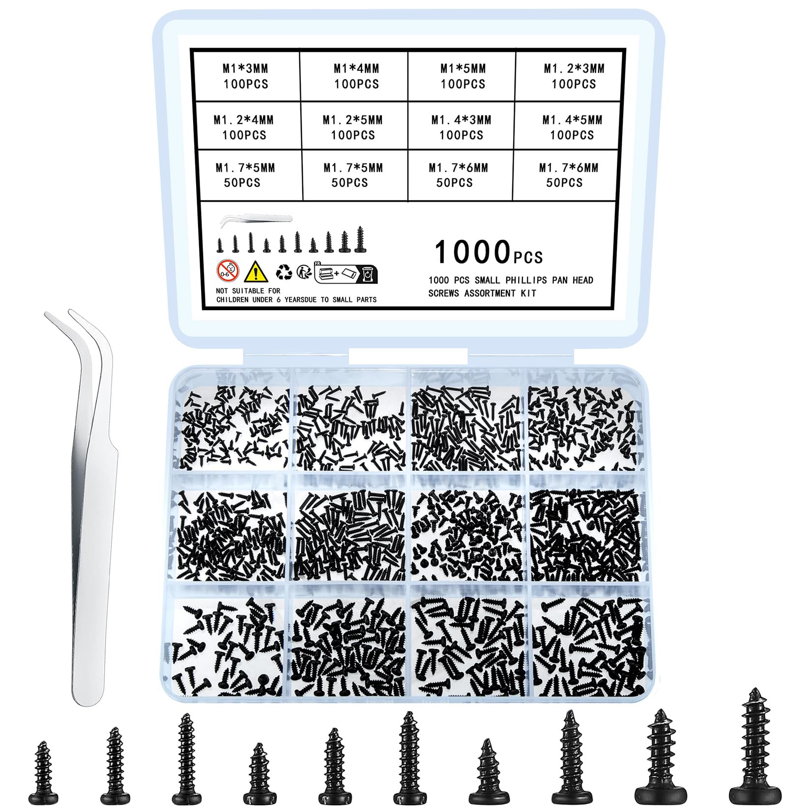 1000 Pcs Small Pan Head Screws Assortment Kit - Micro Self-Tapping Machine Screws for Glasses, Watches, Phones & Electronics Repair | Perfect for DIY, Jewelry Making & Precision Device Maintenance