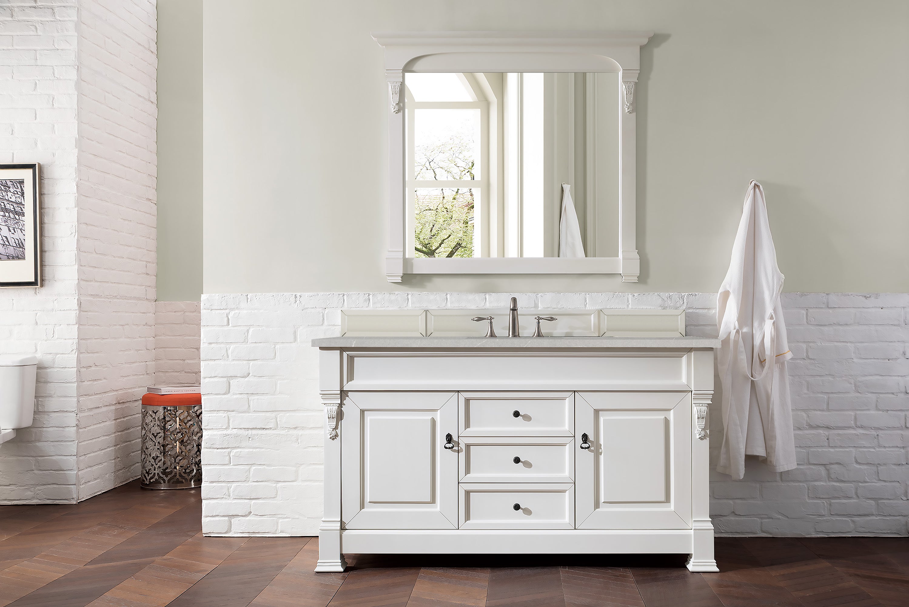 Brookfield 60 Inch Single Bathroom Vanity Set with Bright White Finish & 3CM Eternal Serena Quartz Countertop - Perfect for Modern Master Bathrooms & Guest Suites